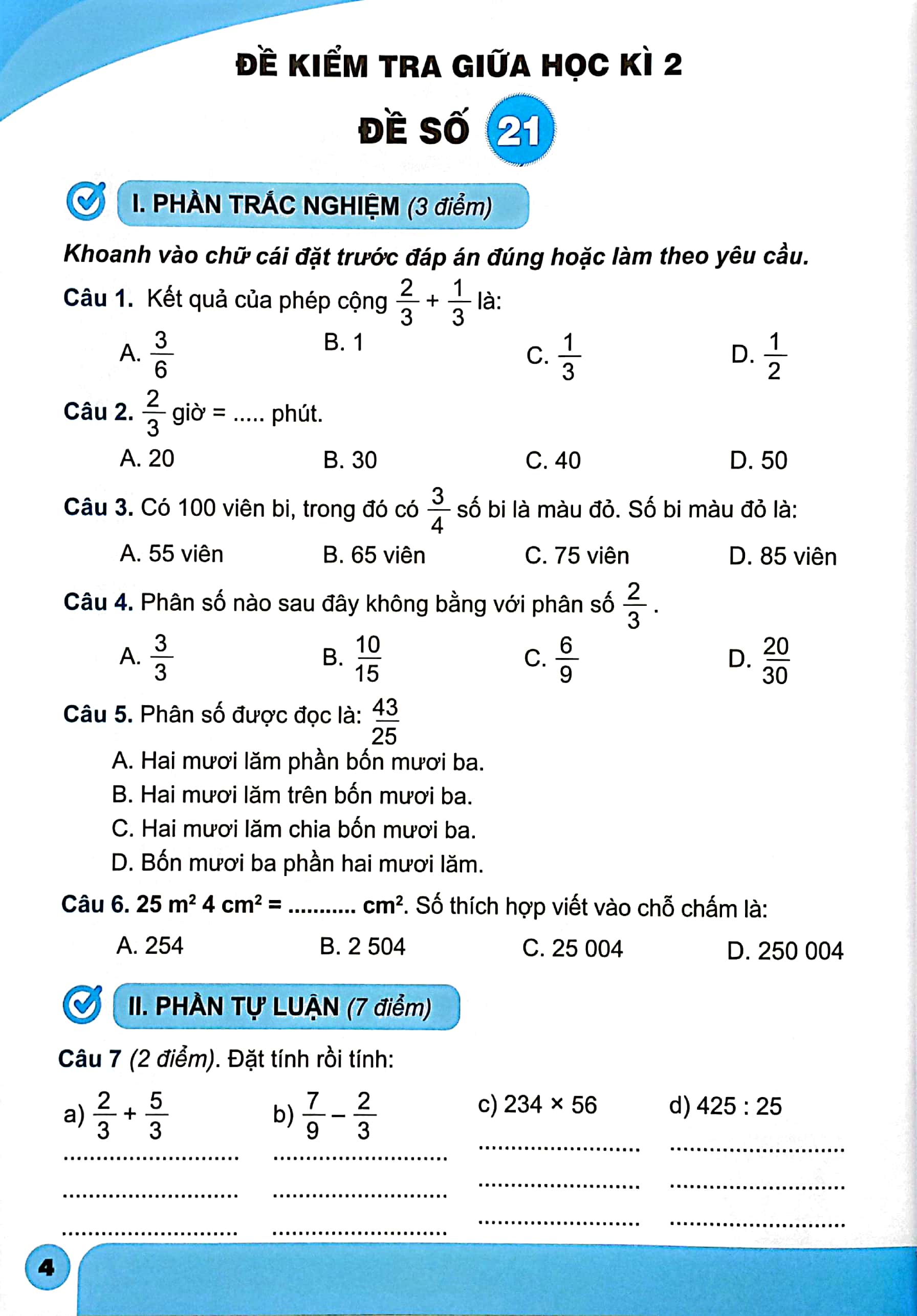 bộ bộ đề kiểm tra toán lớp 4 - tập 2