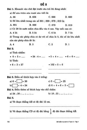 bộ đề kiểm tra định kì toán 3 - tập 1