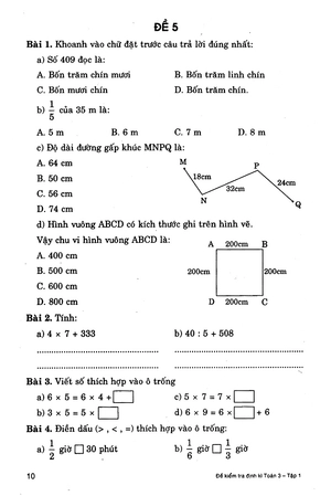 bộ đề kiểm tra định kì toán 3 - tập 1