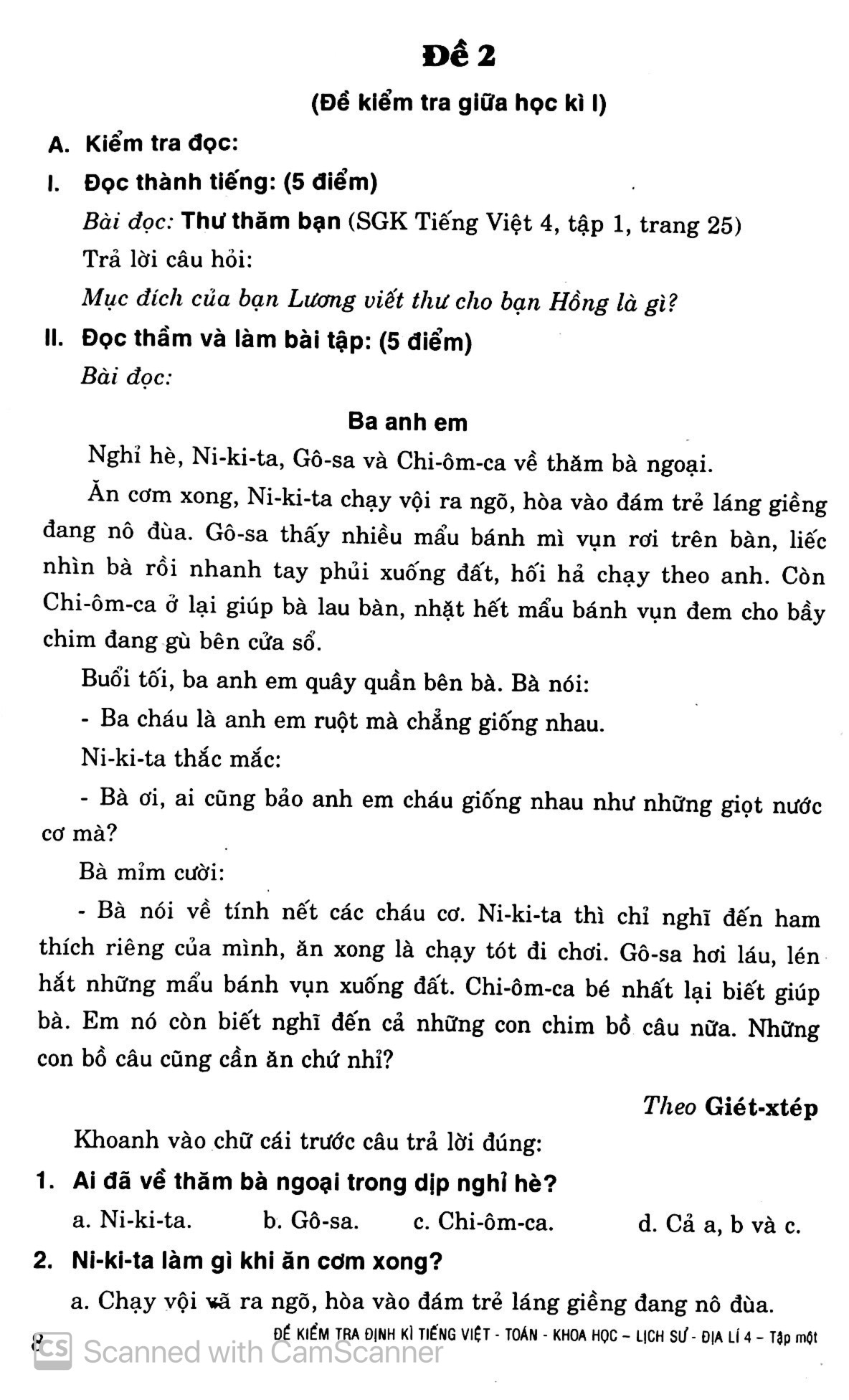 bộ đề kiểm tra định kỳ tiếng việt - toán- khoa học- lịch sử -địa lí 4 - tập 1