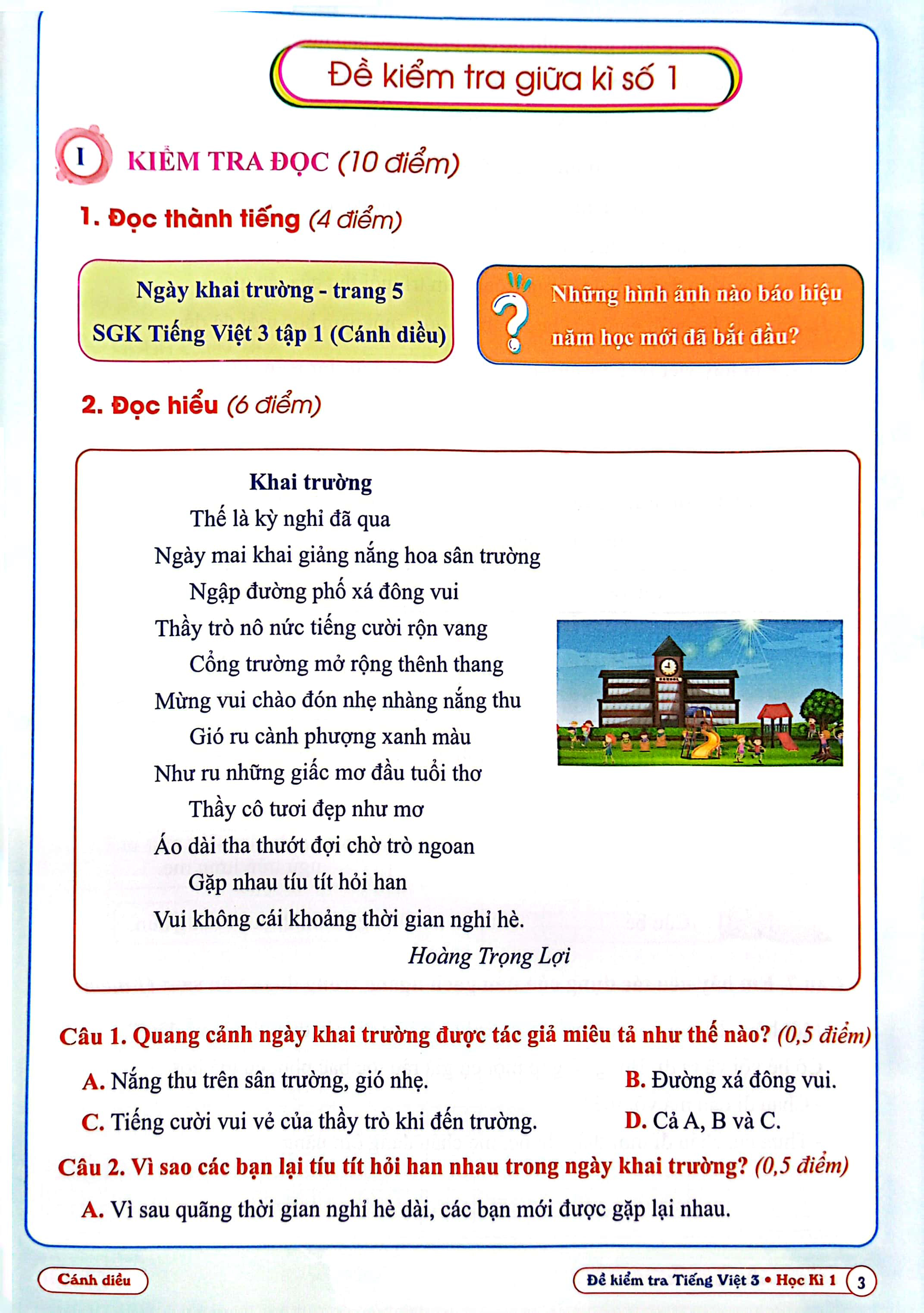 bộ đề kiểm tra tiếng việt 3 - học kì 1 (cánh diều) (2022)