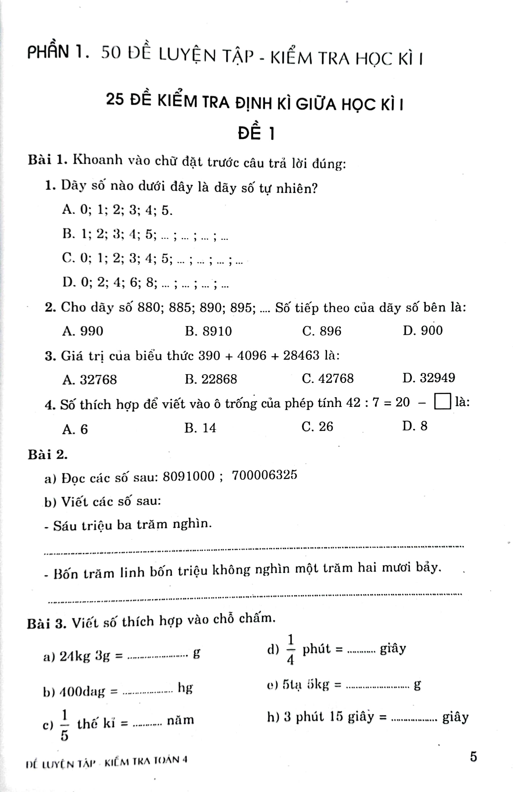 bộ đề luyện tập kiểm tra toán 4