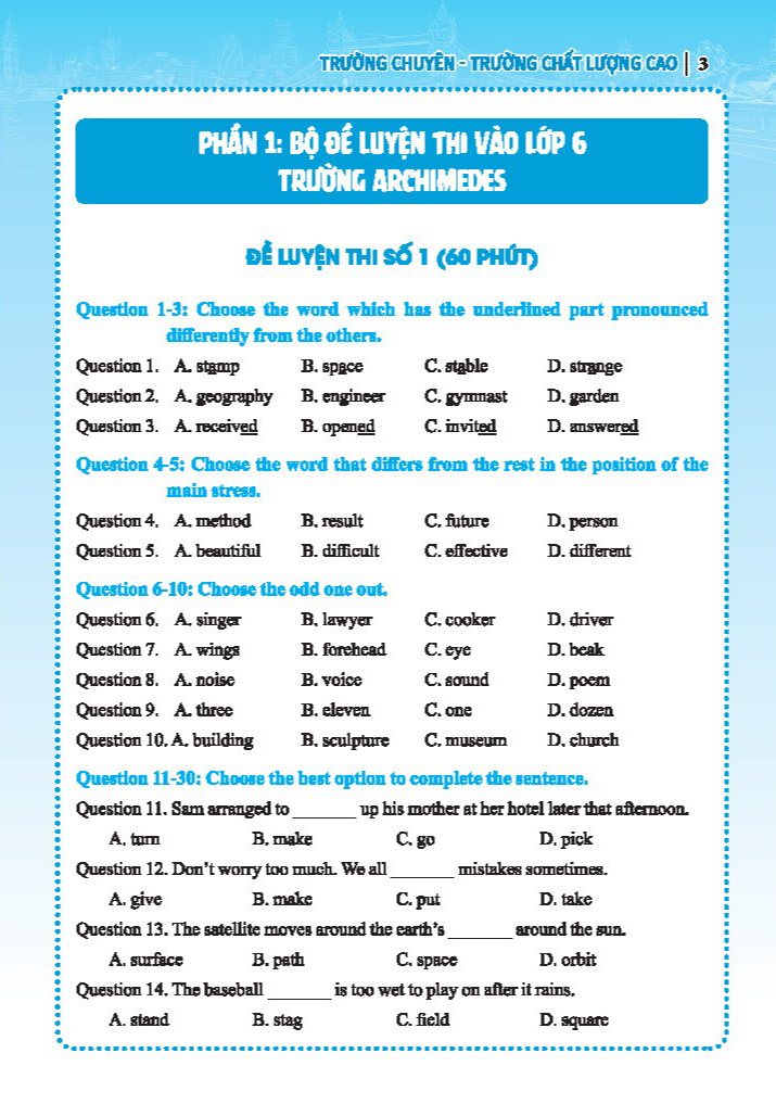 bộ đề luyện thi môn tiếng anh vào lớp 6 trường chuyên, trường chất lượng cao - có đáp án