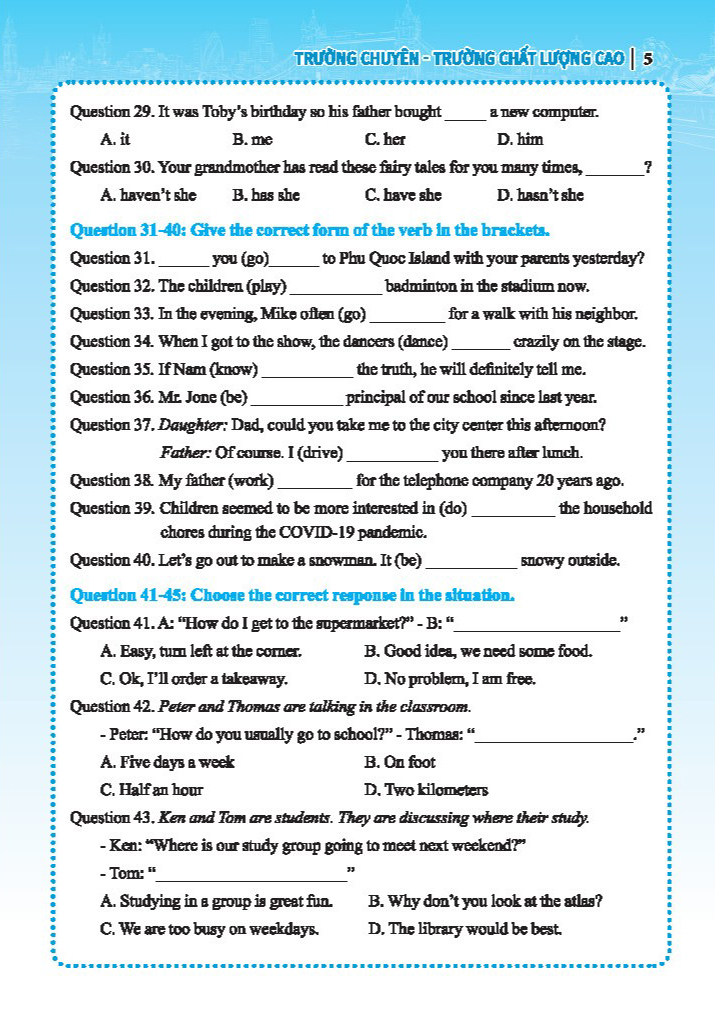 bộ đề luyện thi môn tiếng anh vào lớp 6 trường chuyên, trường chất lượng cao - có đáp án