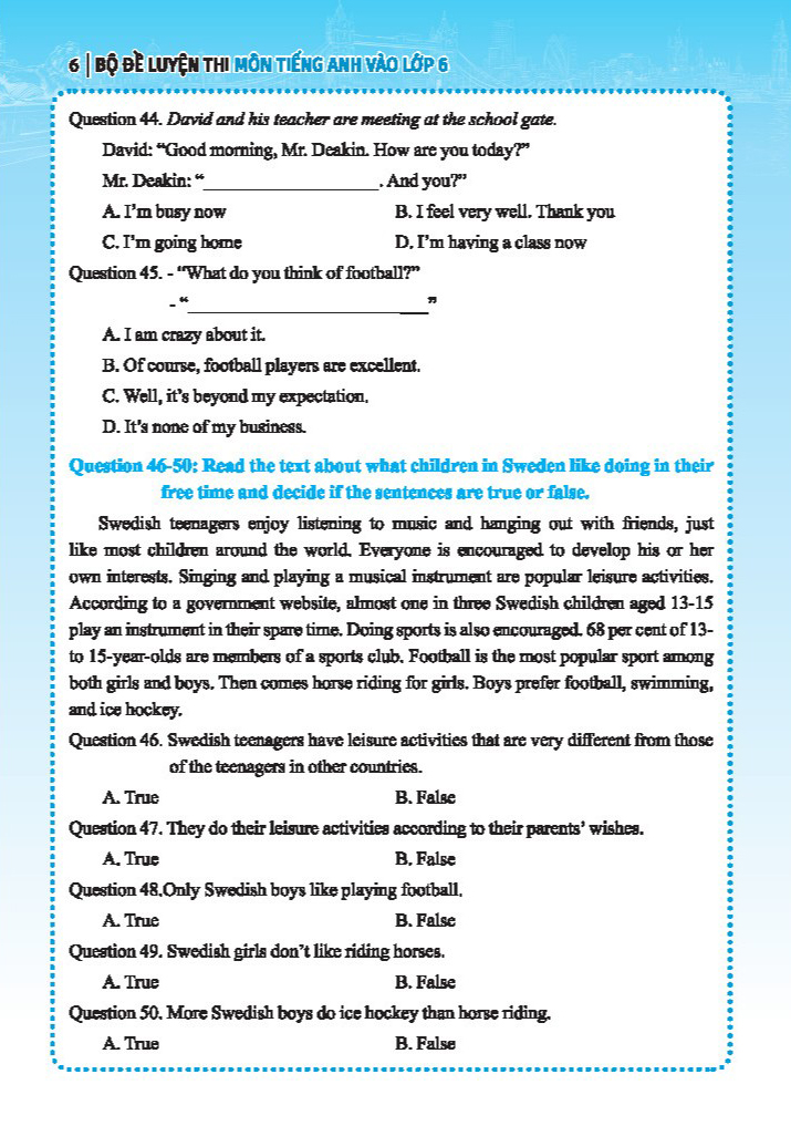 bộ đề luyện thi môn tiếng anh vào lớp 6 trường chuyên, trường chất lượng cao - có đáp án