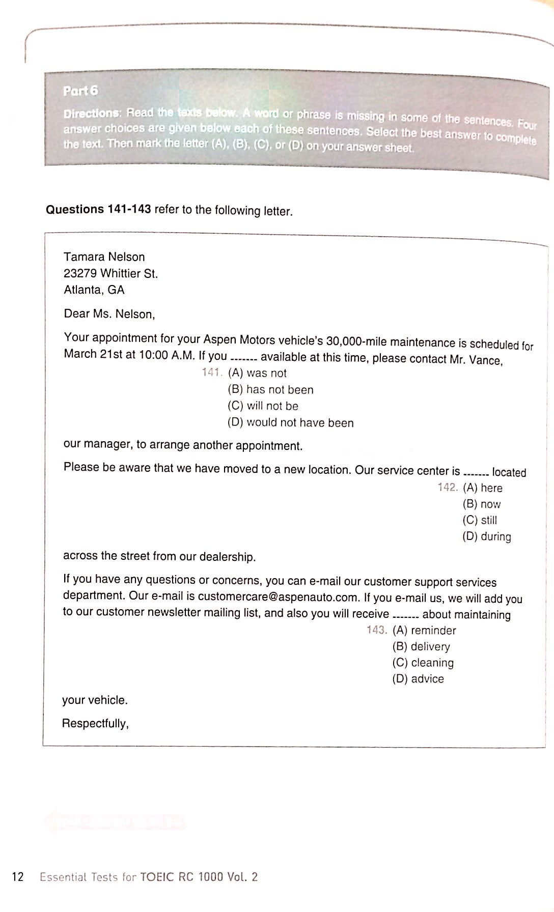 bộ essential test for toeic rc 1000 vol 2 (không cd)