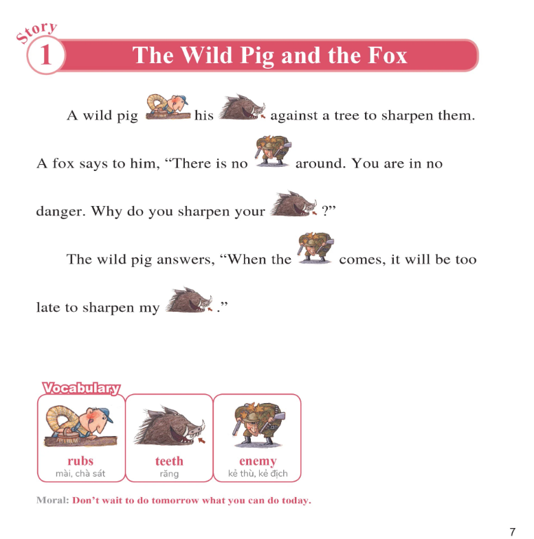 bộ learn english with fables 10 - học tiếng anh qua truyện ngụ ngôn - tập 10 - the wild pig and the fox - lợn rừng và cáo