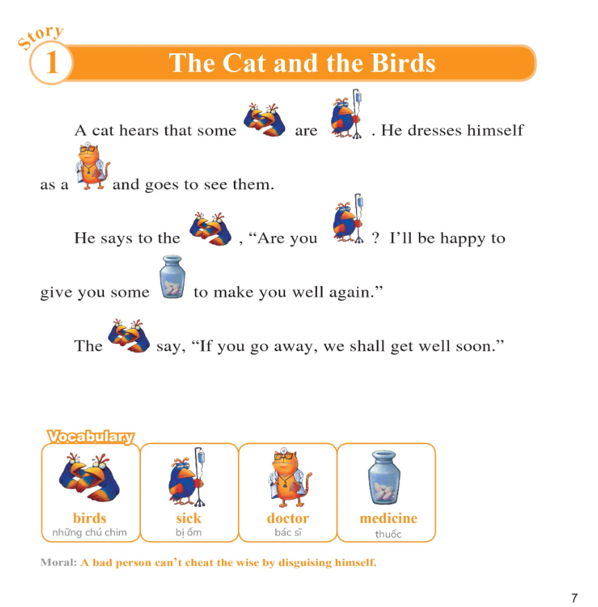 bộ learn english with fables 8 - học tiếng anh qua truyện ngụ ngôn - tập 8 - the cat and the birds - mèo và chim