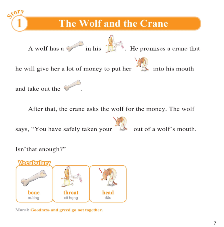 bộ learn english with fables 9 - học tiếng anh qua truyện ngụ ngôn - tập 9 - the wolf and the crane - sói và hạc