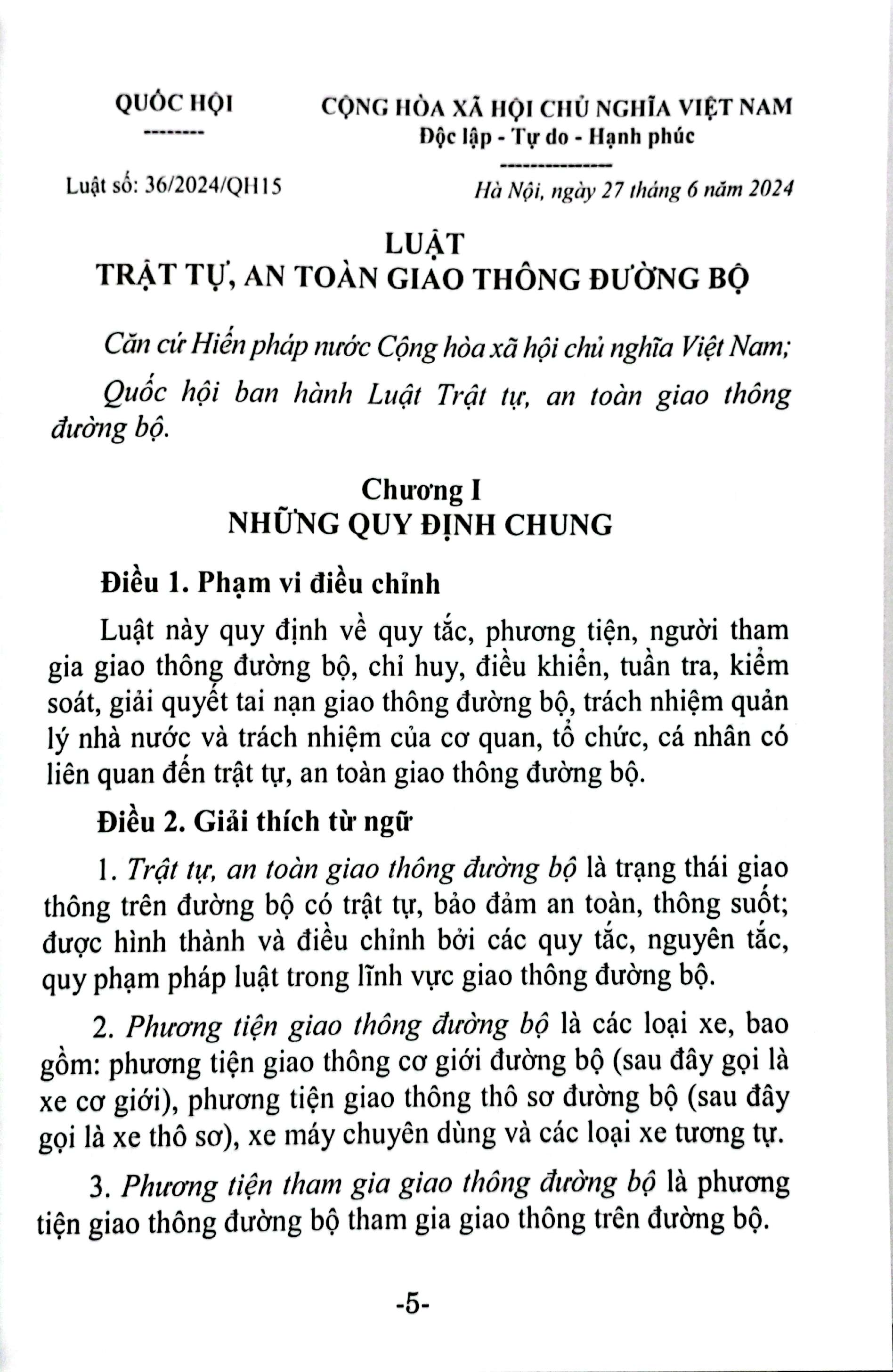 Bo
						
										
										Luat Trat Tu, An Toan Giao Thong Duong Bo (Duoc Quoc Hoi Thong Qua Ngay 27-6-2024, Co Hieu Luc Tu Ngay 01-01-2025)