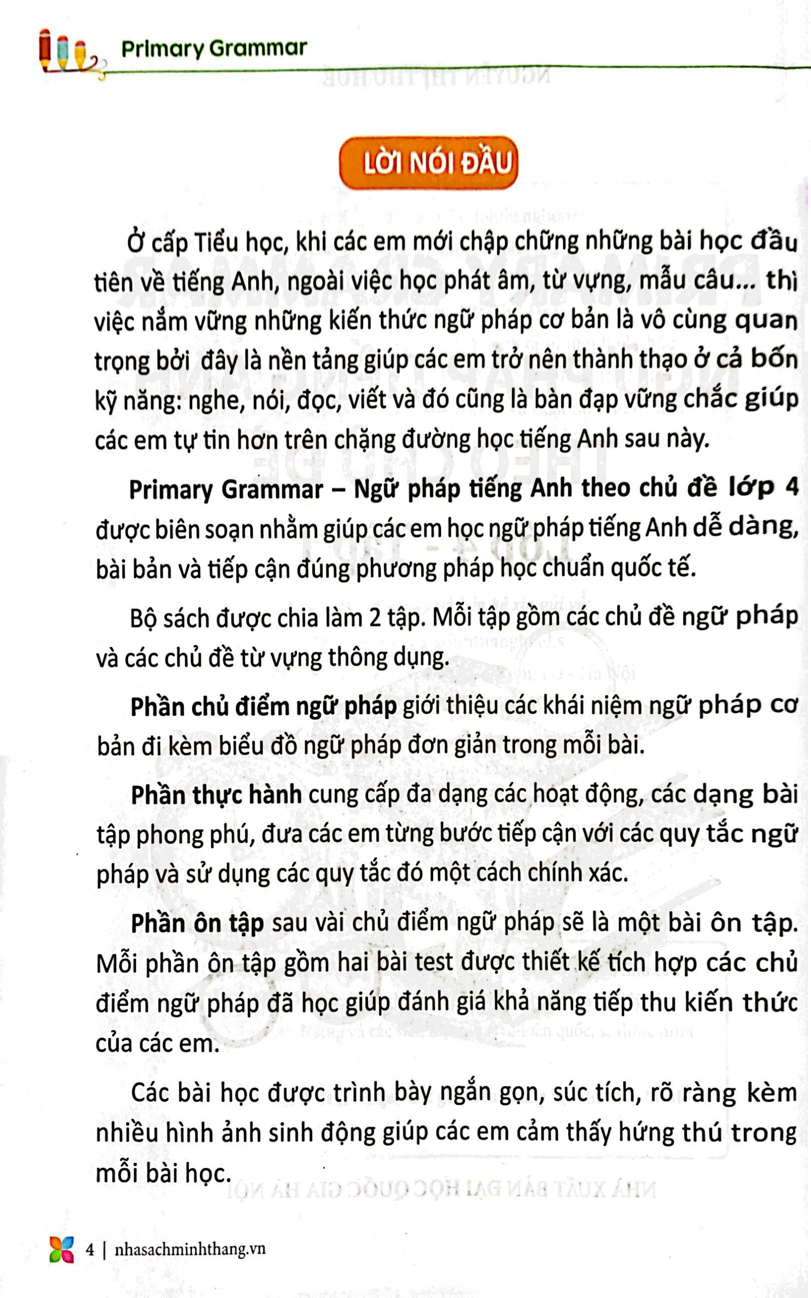bộ primary grammar - ngữ pháp tiếng anh theo chủ đề lớp 4 - tập 1 (tái bản 2023)