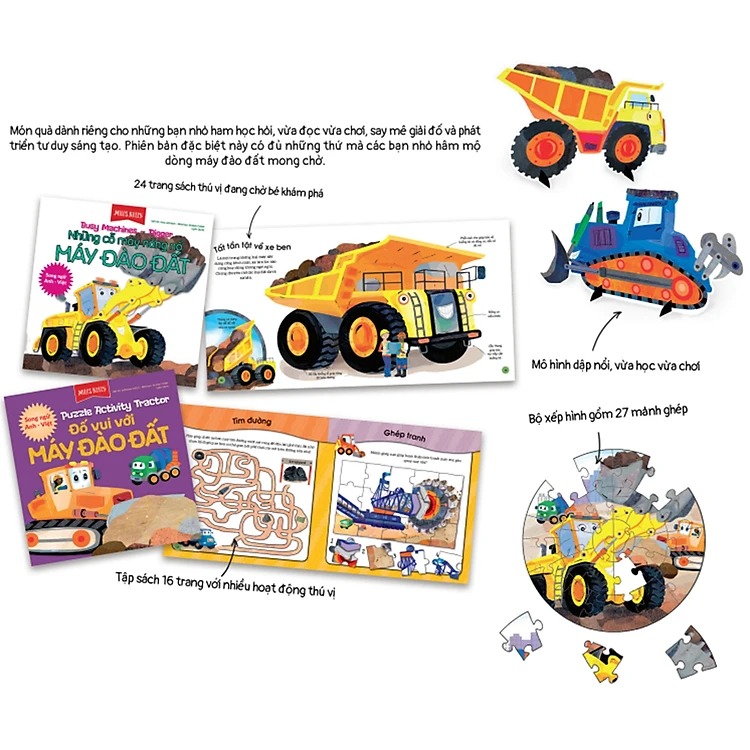 bộ sách busy machines + puzzle activity - digger: máy đào đất (song ngữ anh - việt) - kèm mô hình lắp ghép