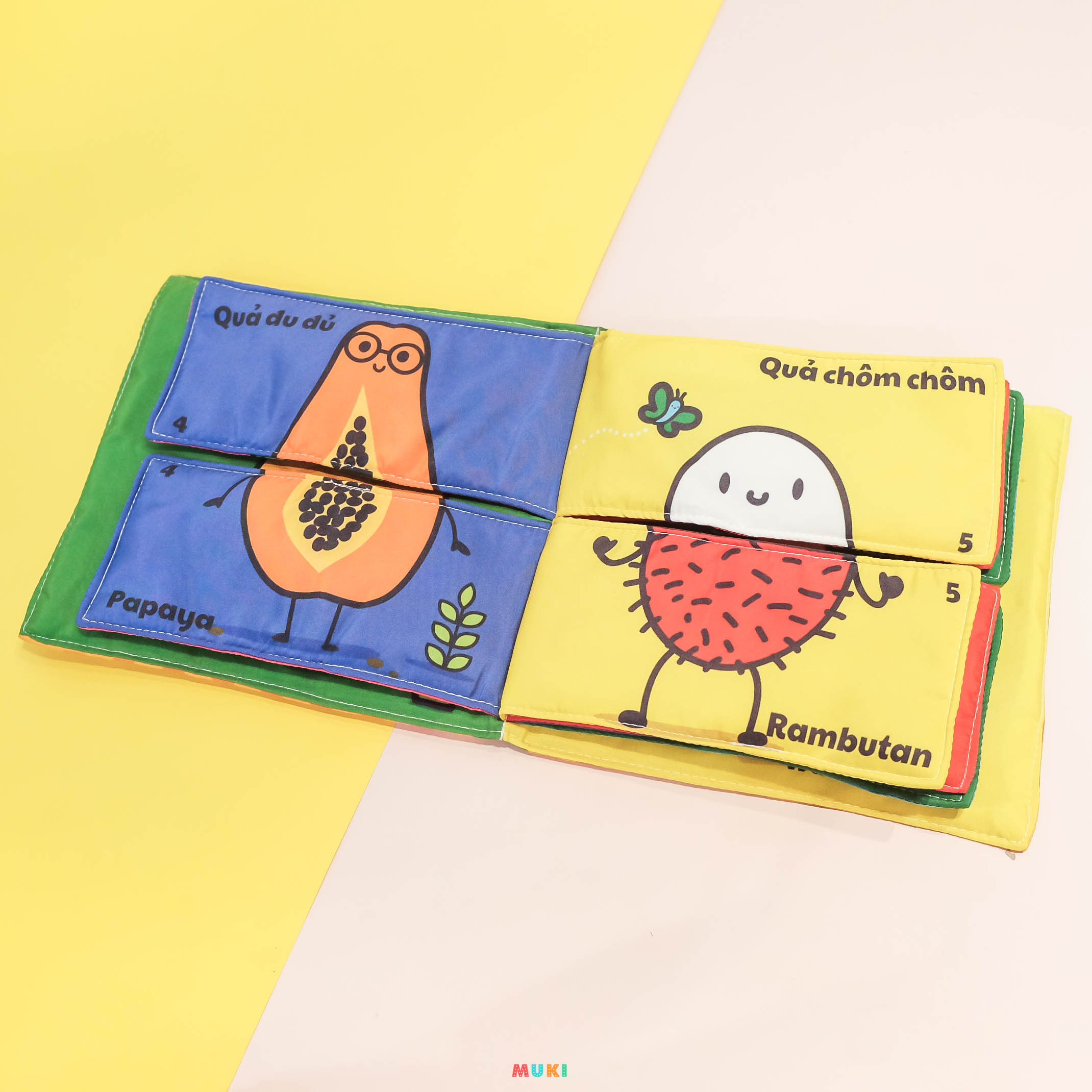 bộ sách lắp ghép kích thích tư duy logic đầu tiên cho bé: các loại quả (sách vải - song ngữ) (dành cho bé từ 0 tuổi)