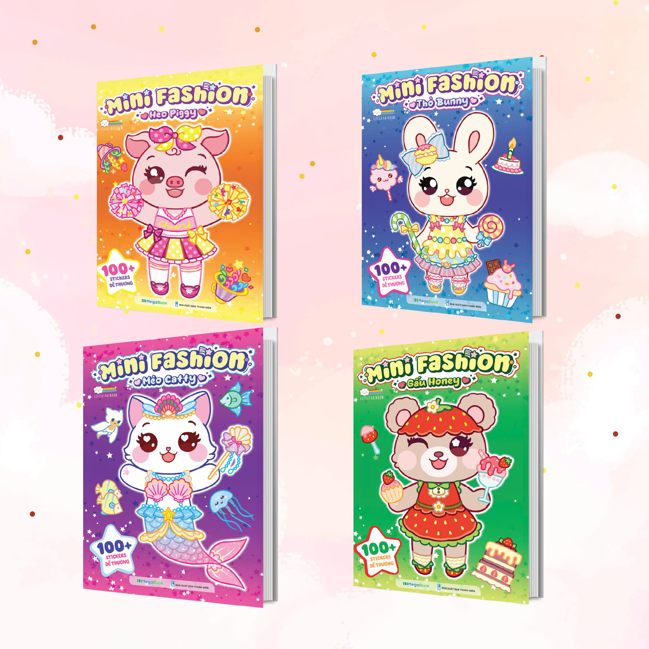 bộ sách mini fashion - thỏ bunny + heo piggy + mèo catty + gấu honey (bộ 4 cuốn)