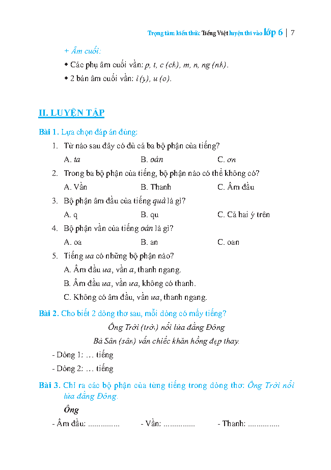 bộ trọng tâm kiến thức tiếng việt luyện thi vào lớp 6 - có đáp án - tập 1