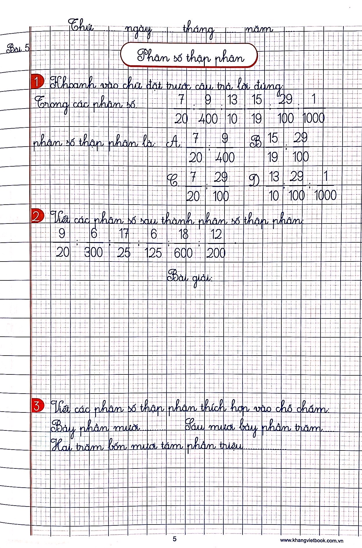 bộ vở ô li bài tập toán lớp 5 - quyển 1