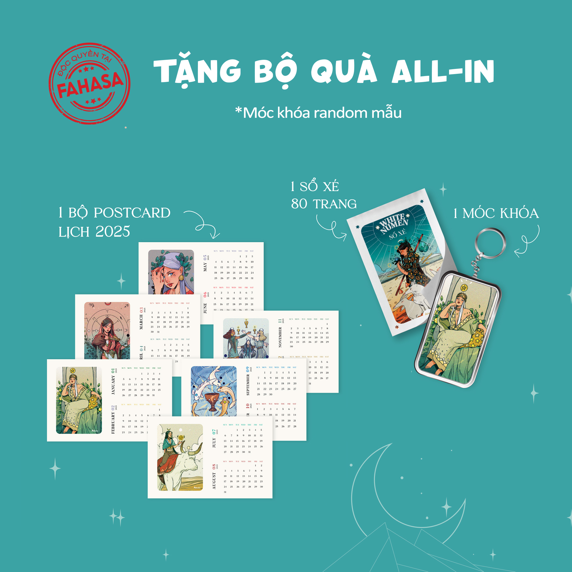 boxset white numen tarot (bộ bài + sách hướng dẫn) - tặng kèm bộ quà all-in: sổ xé in bìa art bài + bộ postcard in hình art bài kèm lịch 2025 + móc khóa in art bài random