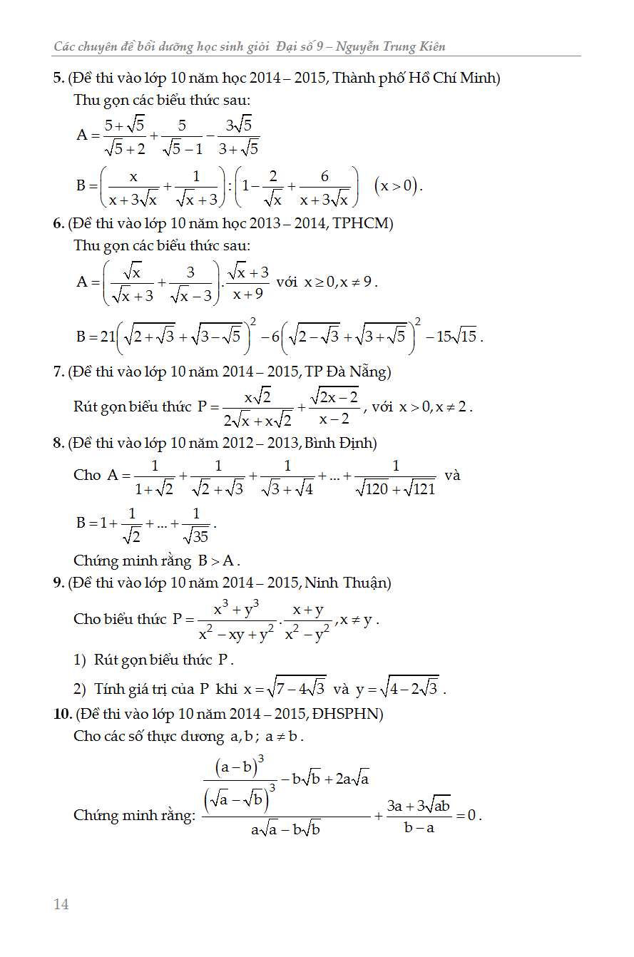 các chuyên đề bồi dưỡng học sinh giỏi đại số lớp 9