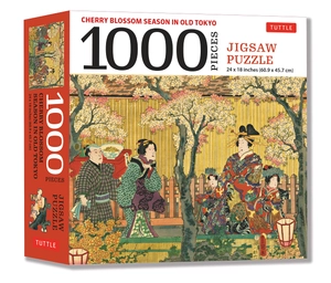 cherry blossom season in old tokyo- 1000 piece jigsaw puzzle: woodblock print by utagawa kunisada (finished size 24 in x 18 in)