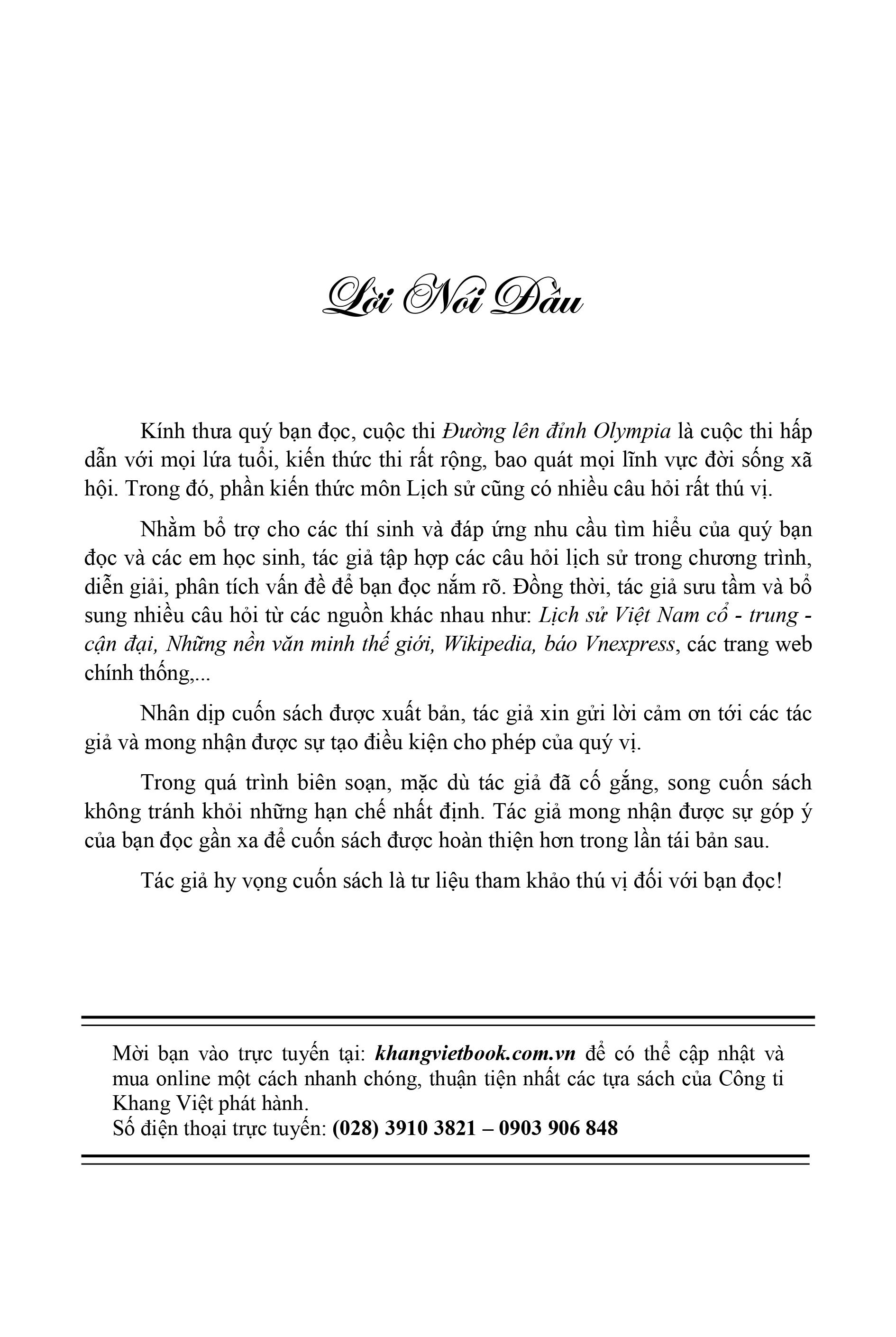 chinh phục đỉnh olympia ngân hàng câu hỏi có đáp án và giải thích lịch sử