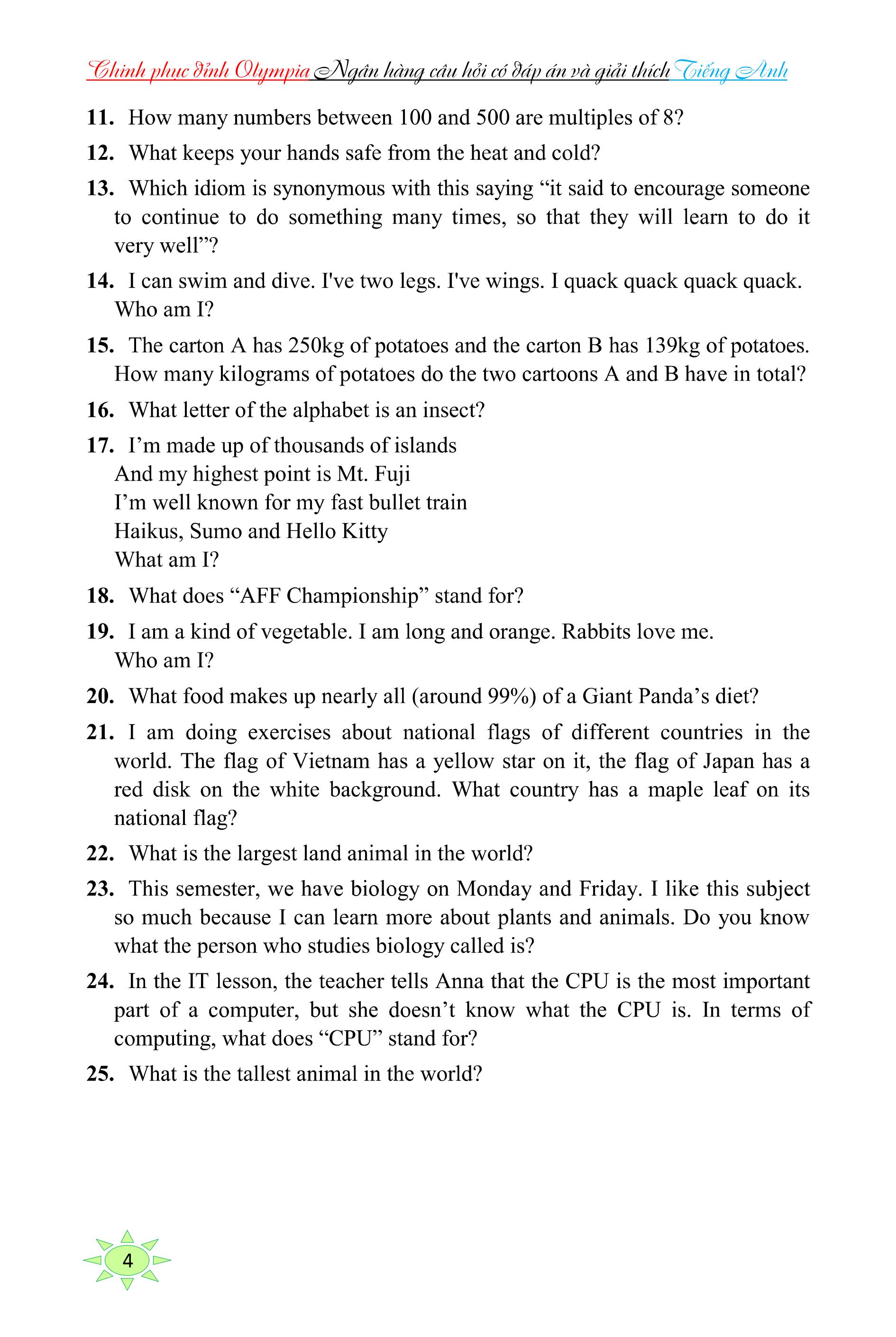 chinh phục đỉnh olympia ngân hàng câu hỏi có đáp án và giải thích tiếng anh