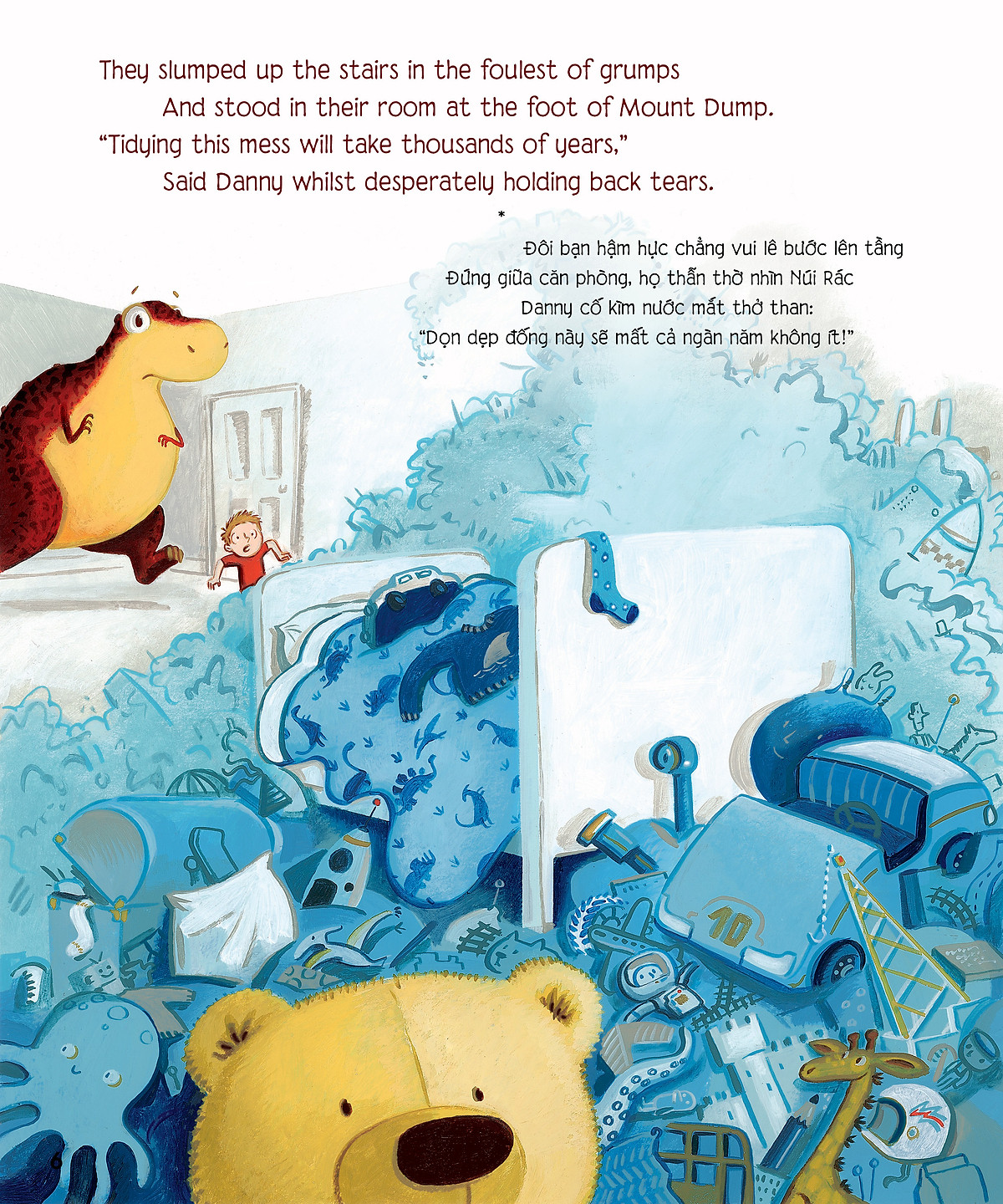 chú khủng long tham ăn: giải cứu chiếc giường – bài học về thói quen gọn gàng (song ngữ)