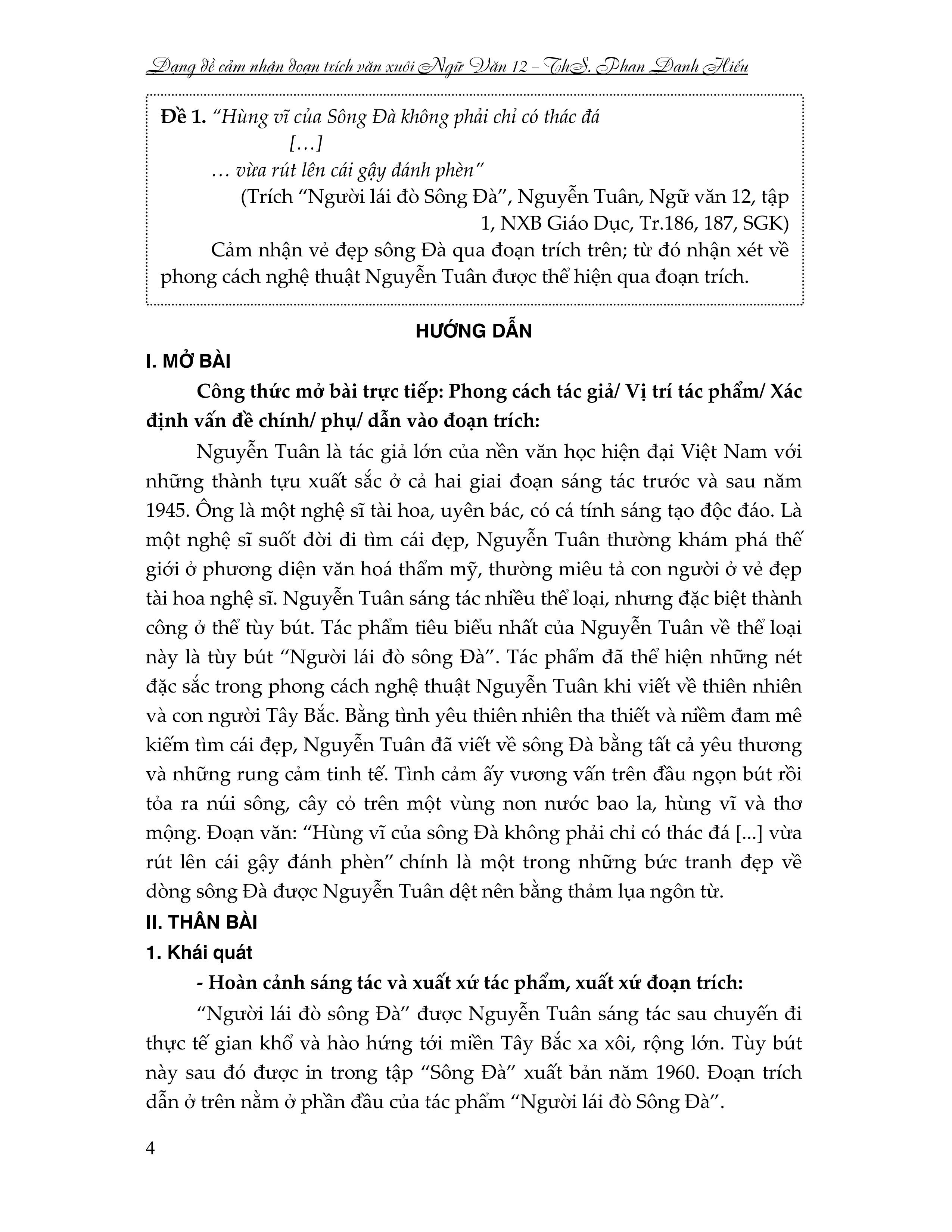 dạng đề cảm nhận đoạn trích văn xuôi ngữ văn 12