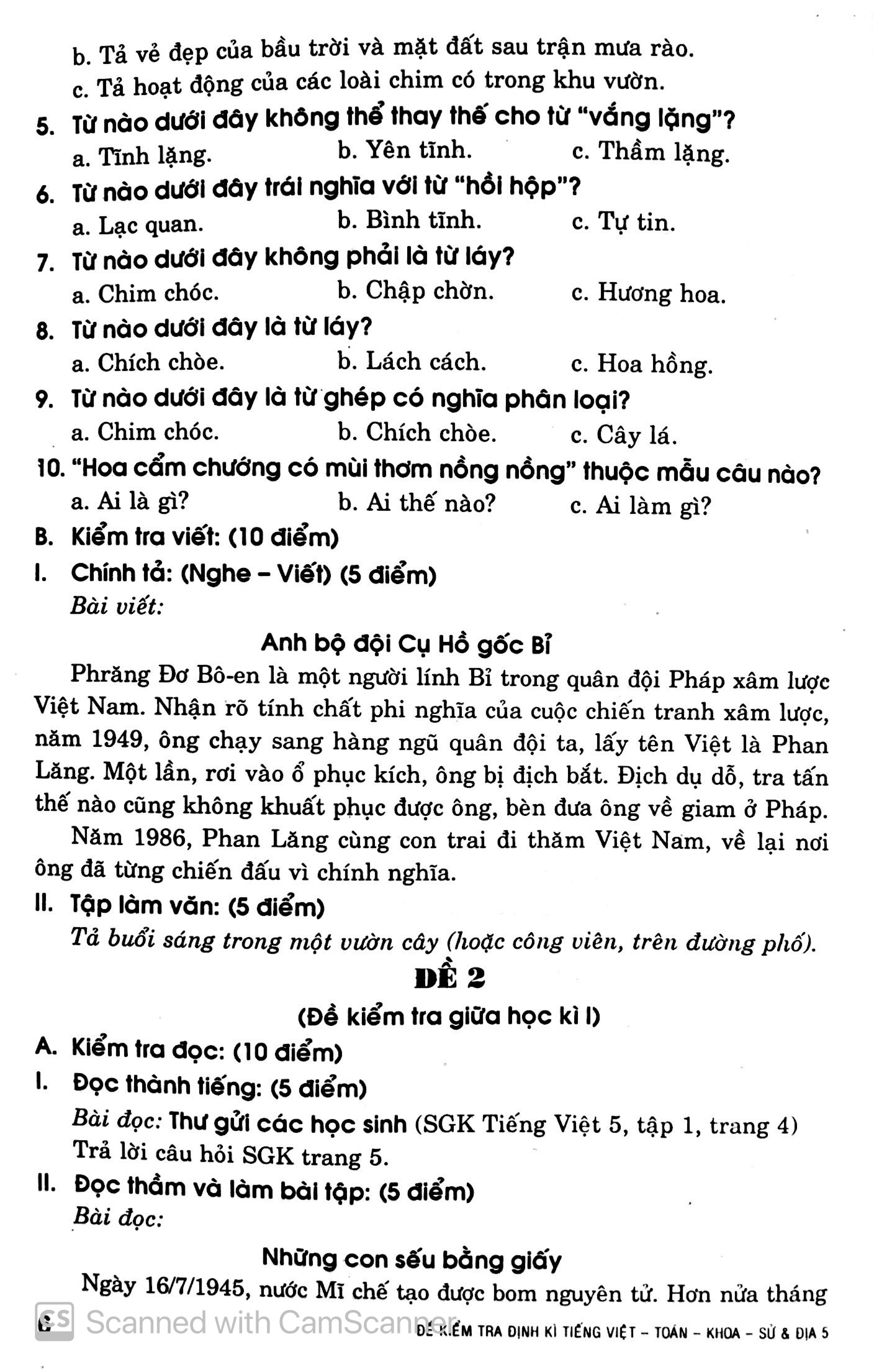 đề kiểm tra định kỳ tiếng việt - toán - khoa học - lịch sử - địa lí 5