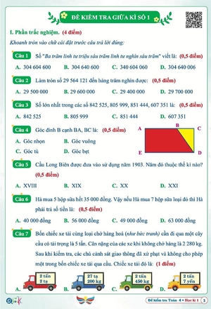 đề kiểm tra toán 4 - học kì 1 (cánh diều)