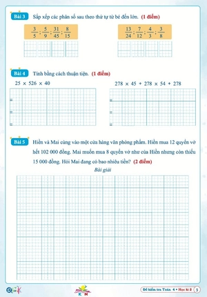 đề kiểm tra toán 4 - học kì 2 (kết nối)