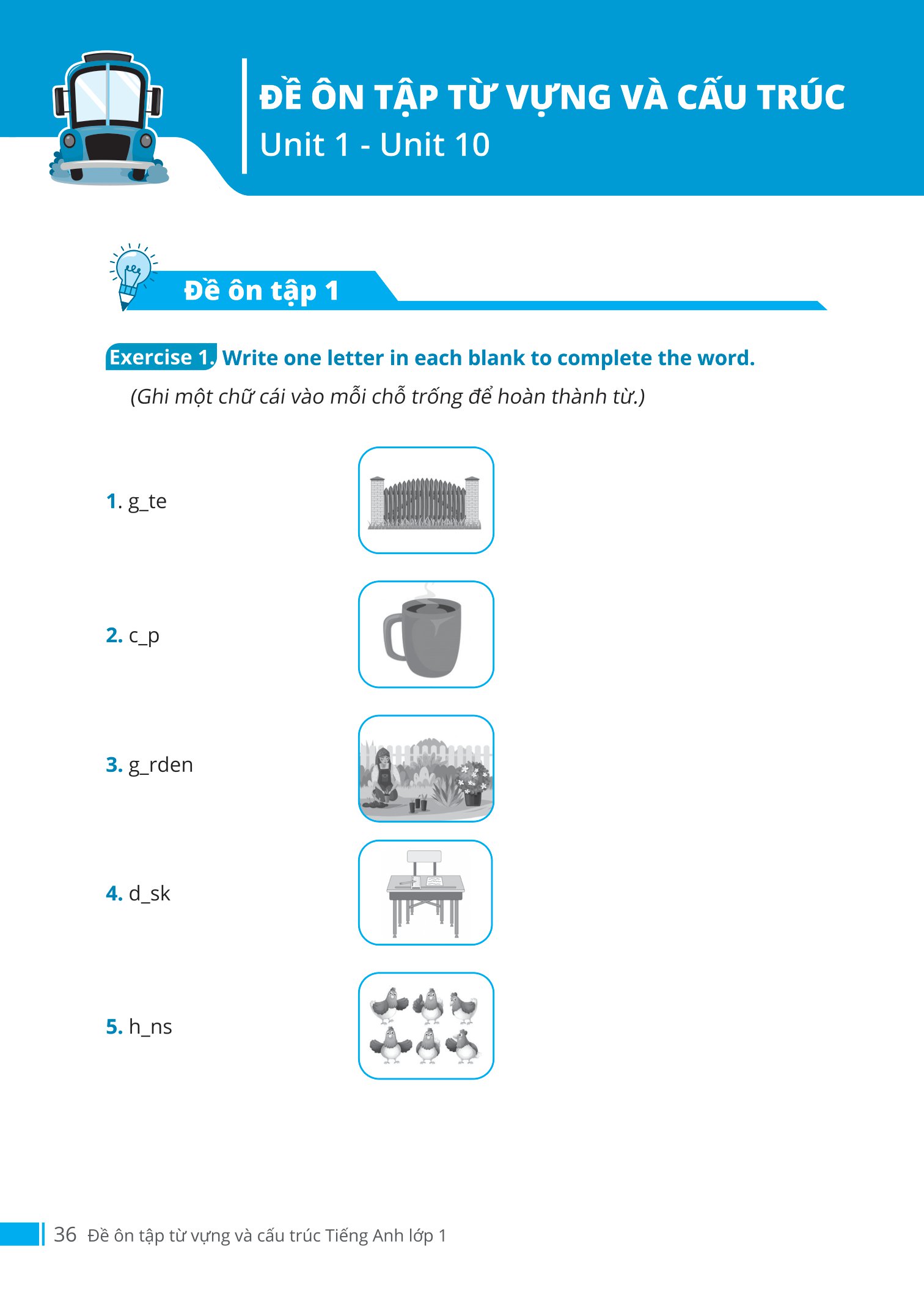 đề ôn tập từ vựng và cấu trúc tiếng anh lớp 1