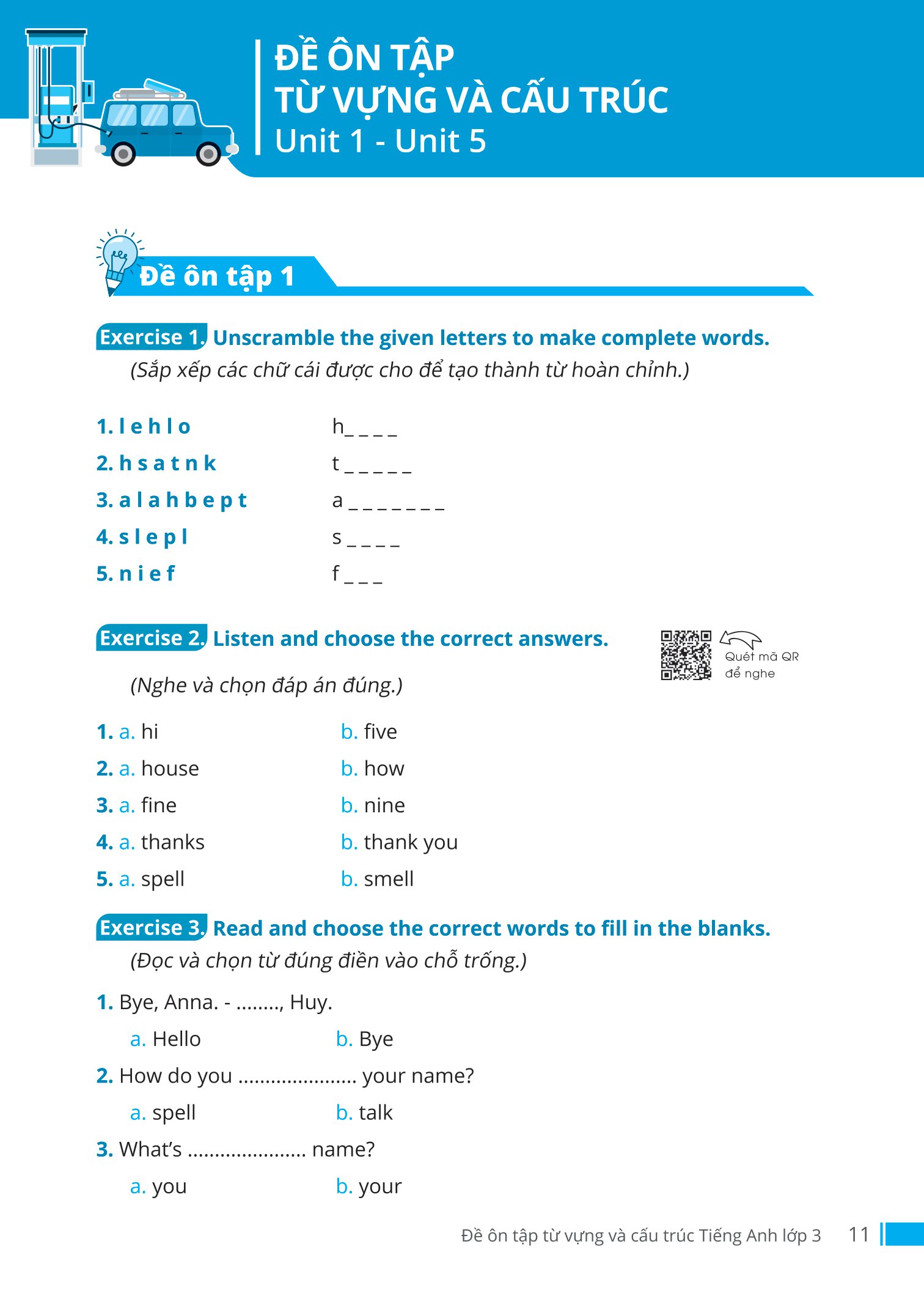 đề ôn tập từ vựng và cấu trúc tiếng anh lớp 3