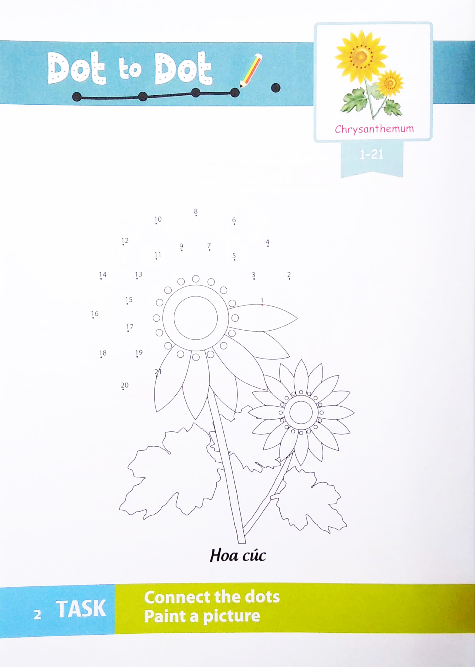 dot to dot coloring book - nối số & tô màu - các loài hoa