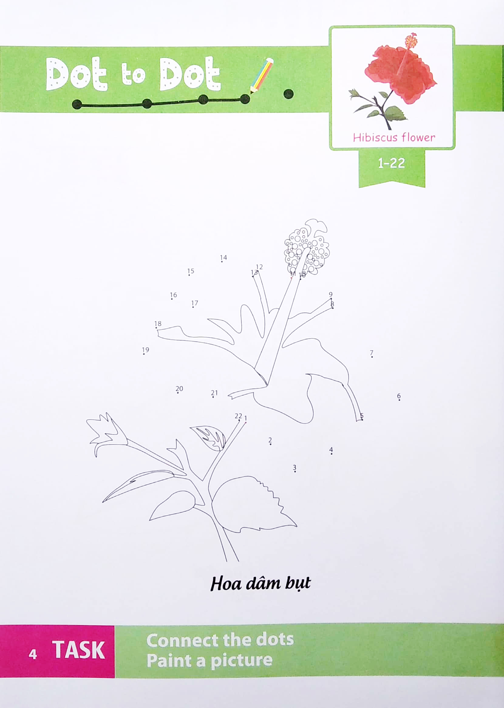 dot to dot coloring book - nối số & tô màu - các loài hoa