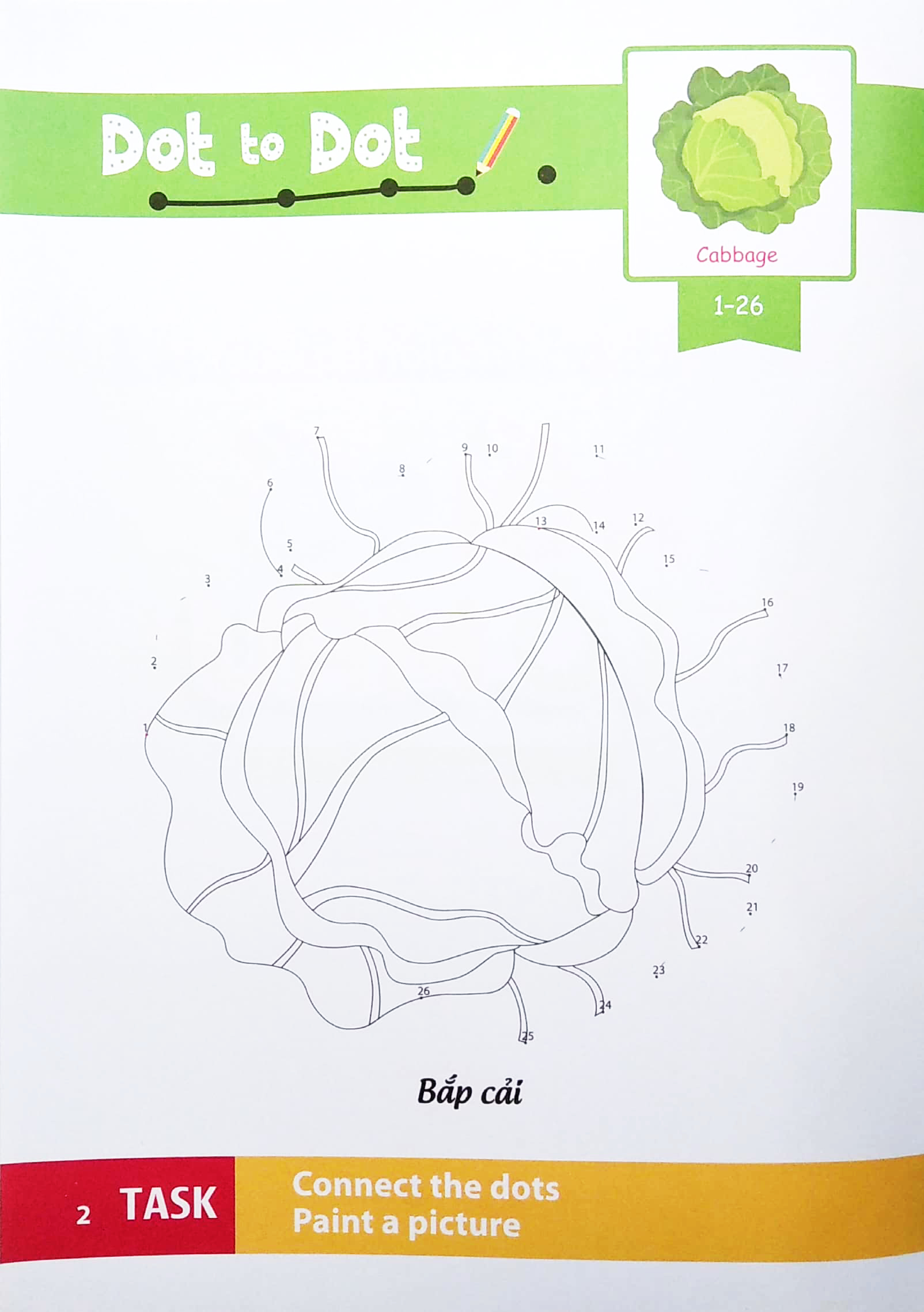 dot to dot coloring book - nối số & tô màu - rau, củ, quả