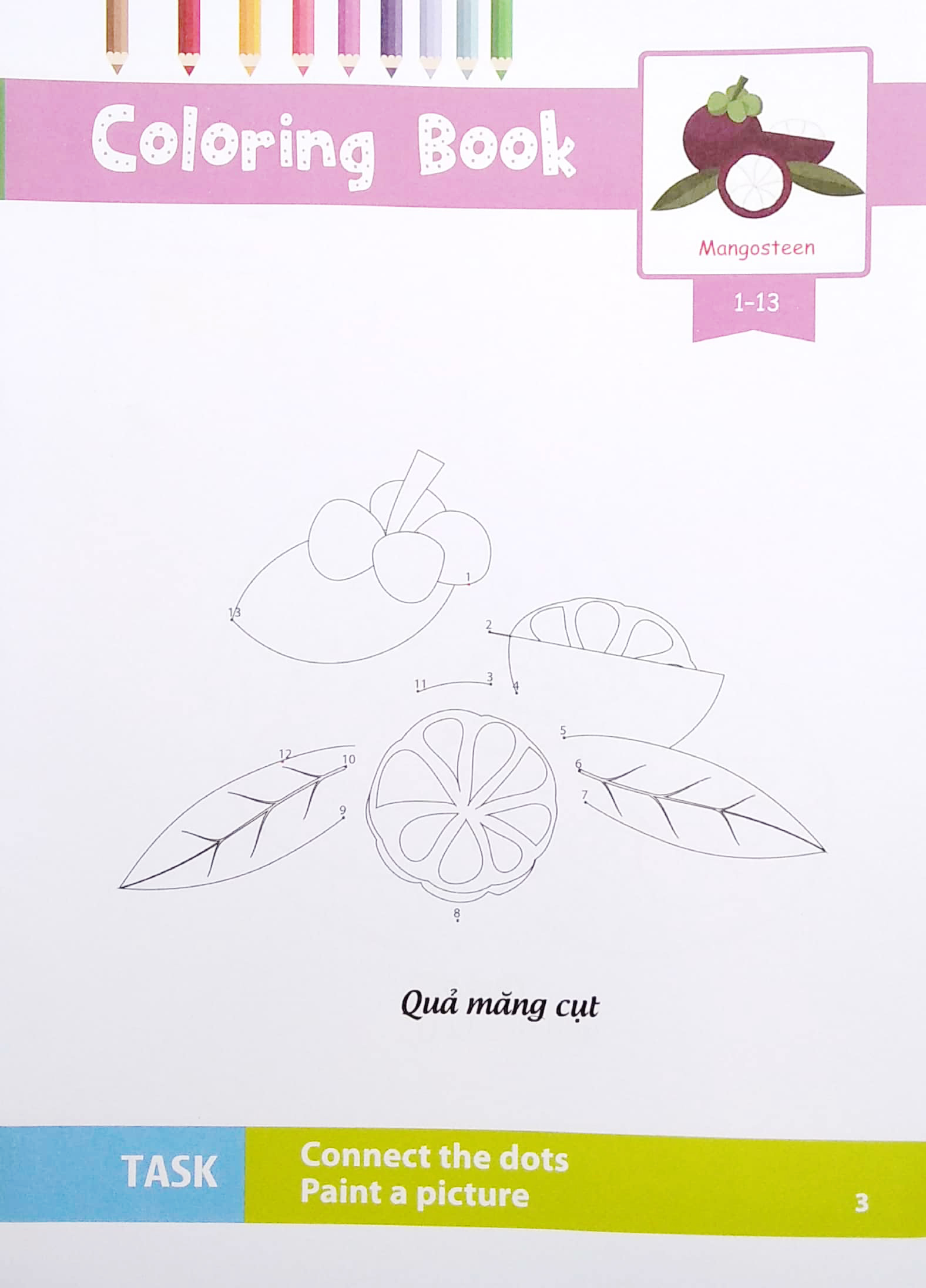 dot to dot coloring book - nối số & tô màu - rau, củ, quả