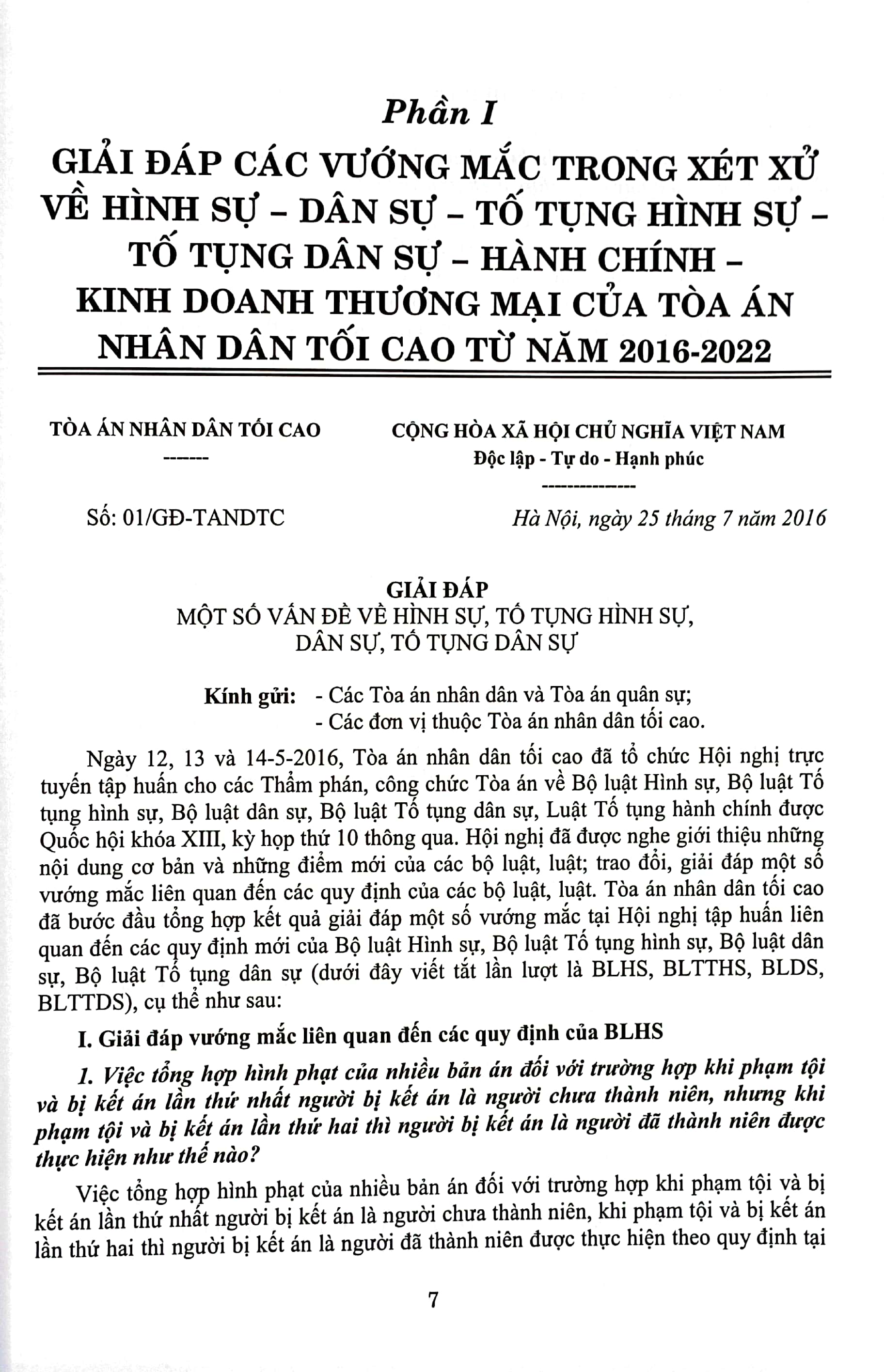 giải đáp vướng mắc trong nghiệp vụ xét xử của tòa án nhân dân tối cao và hệ thống 63 án lệ (mới nhất)
