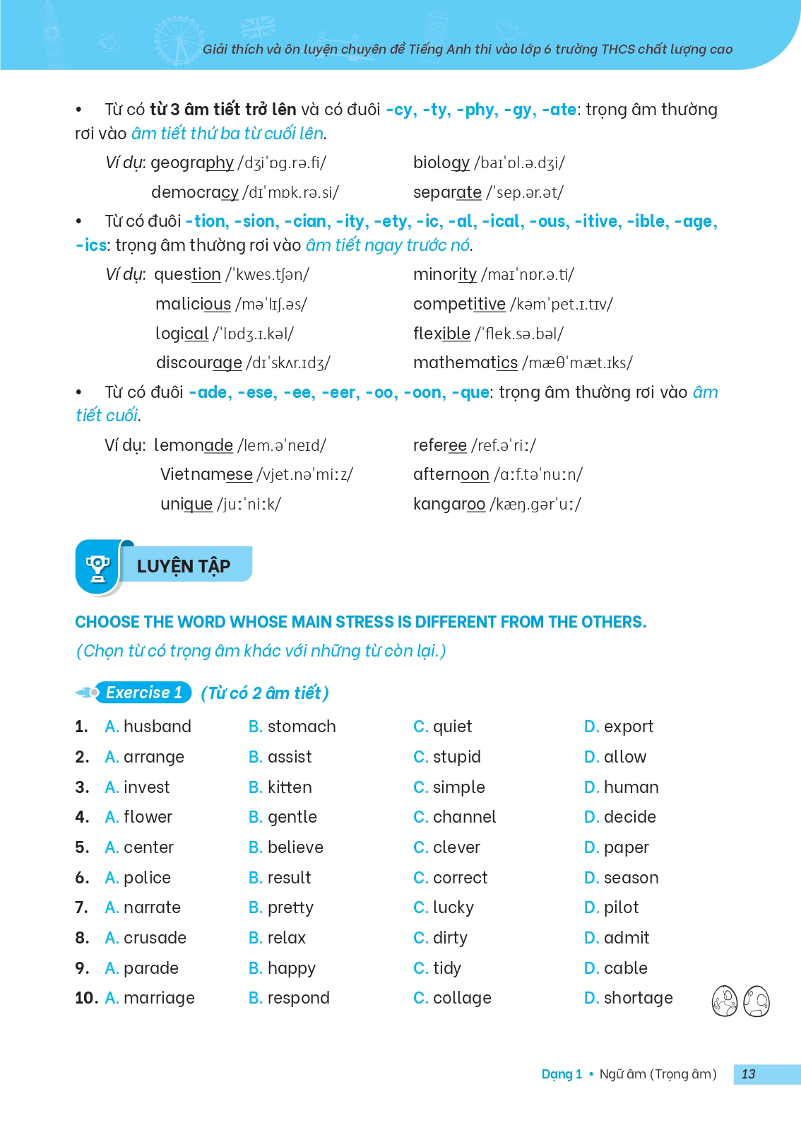 giải thích và ôn luyện chuyên đề tiếng anh thi vào lớp 6 trường thcs chất lượng cao