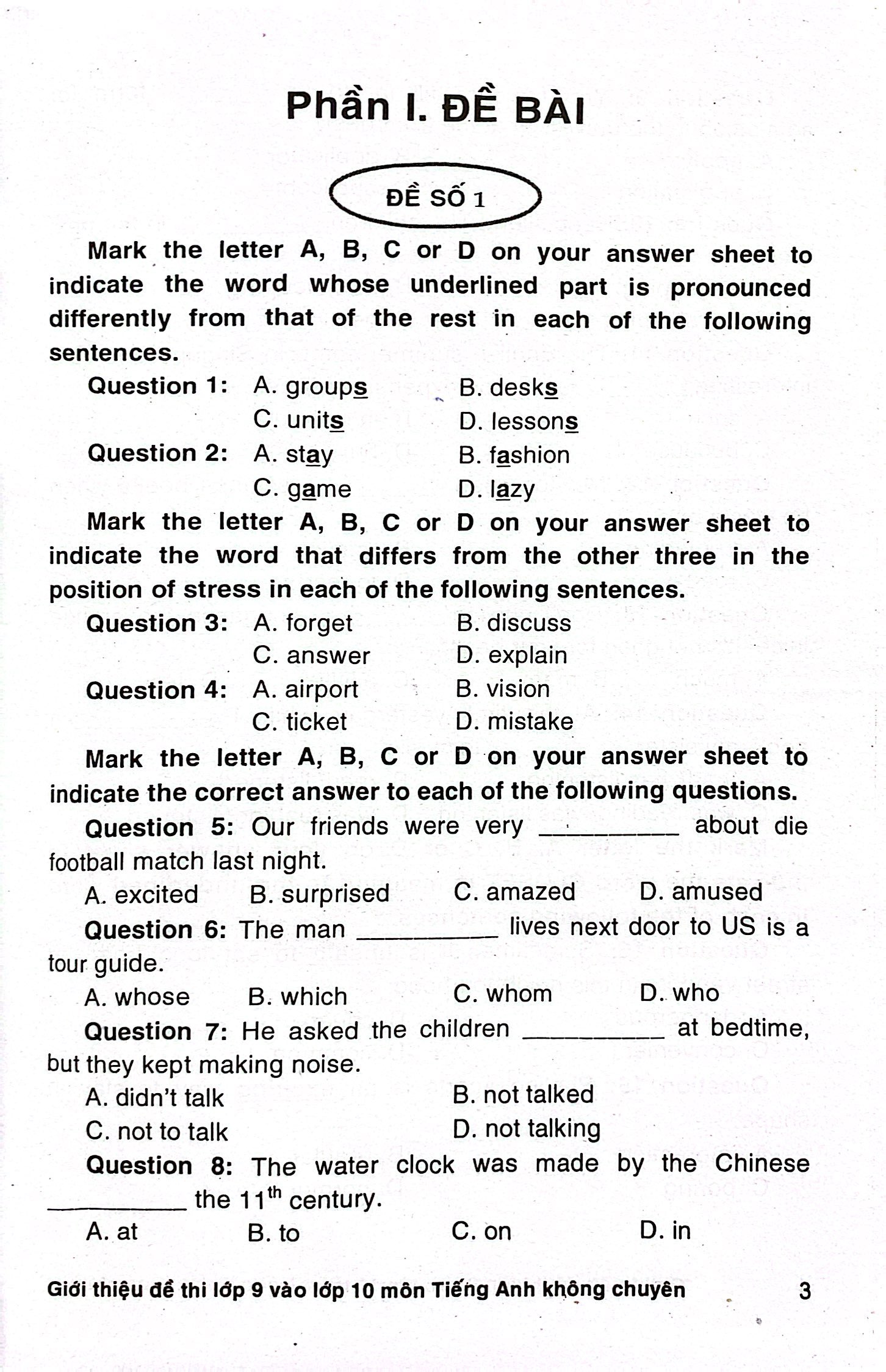 giới thiệu đề thi lớp 9 vào lớp 10 môn tiếng anh không chuyên