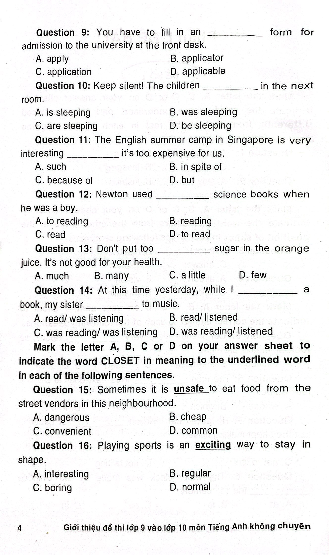 giới thiệu đề thi lớp 9 vào lớp 10 môn tiếng anh không chuyên