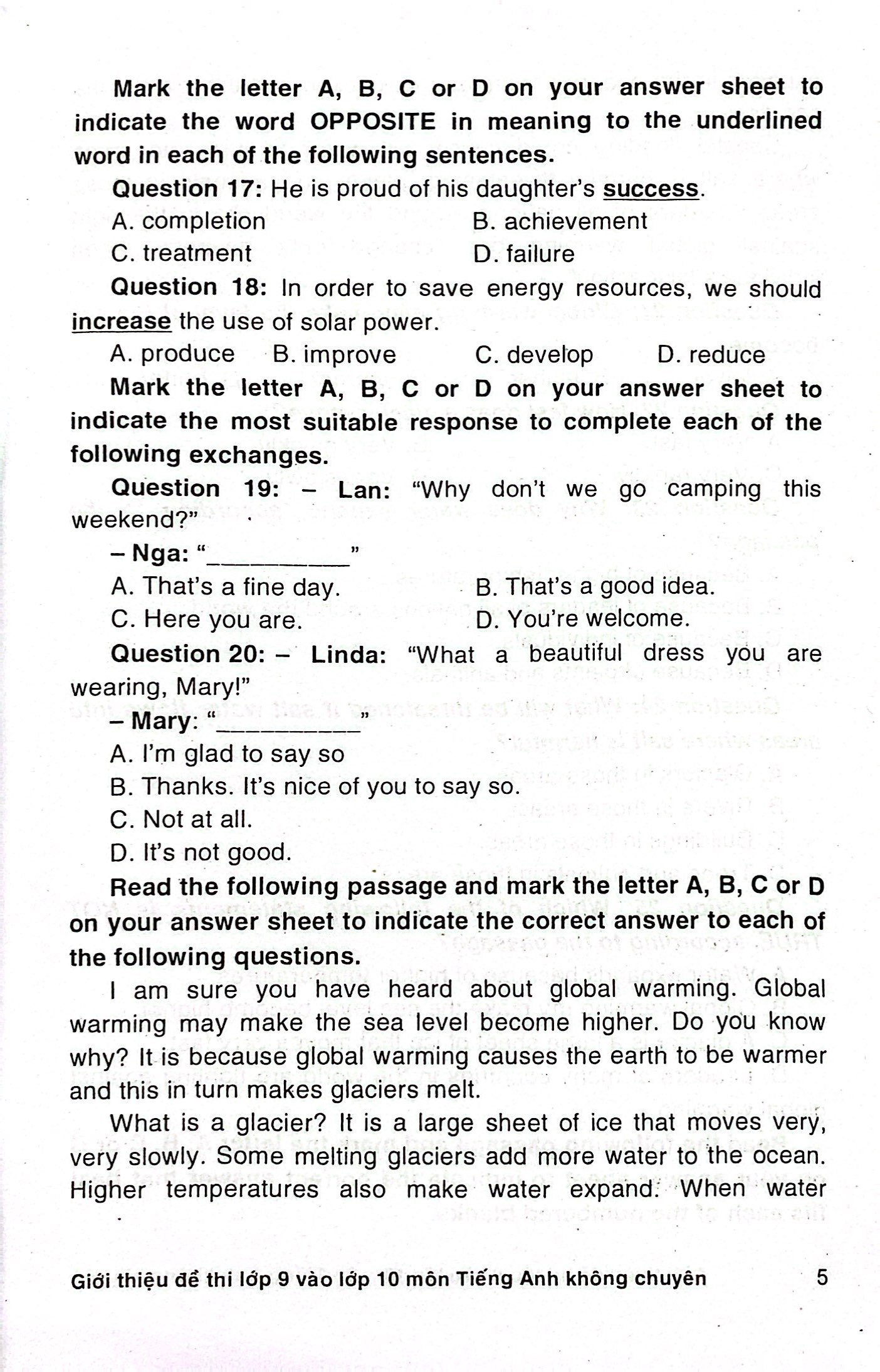 giới thiệu đề thi lớp 9 vào lớp 10 môn tiếng anh không chuyên