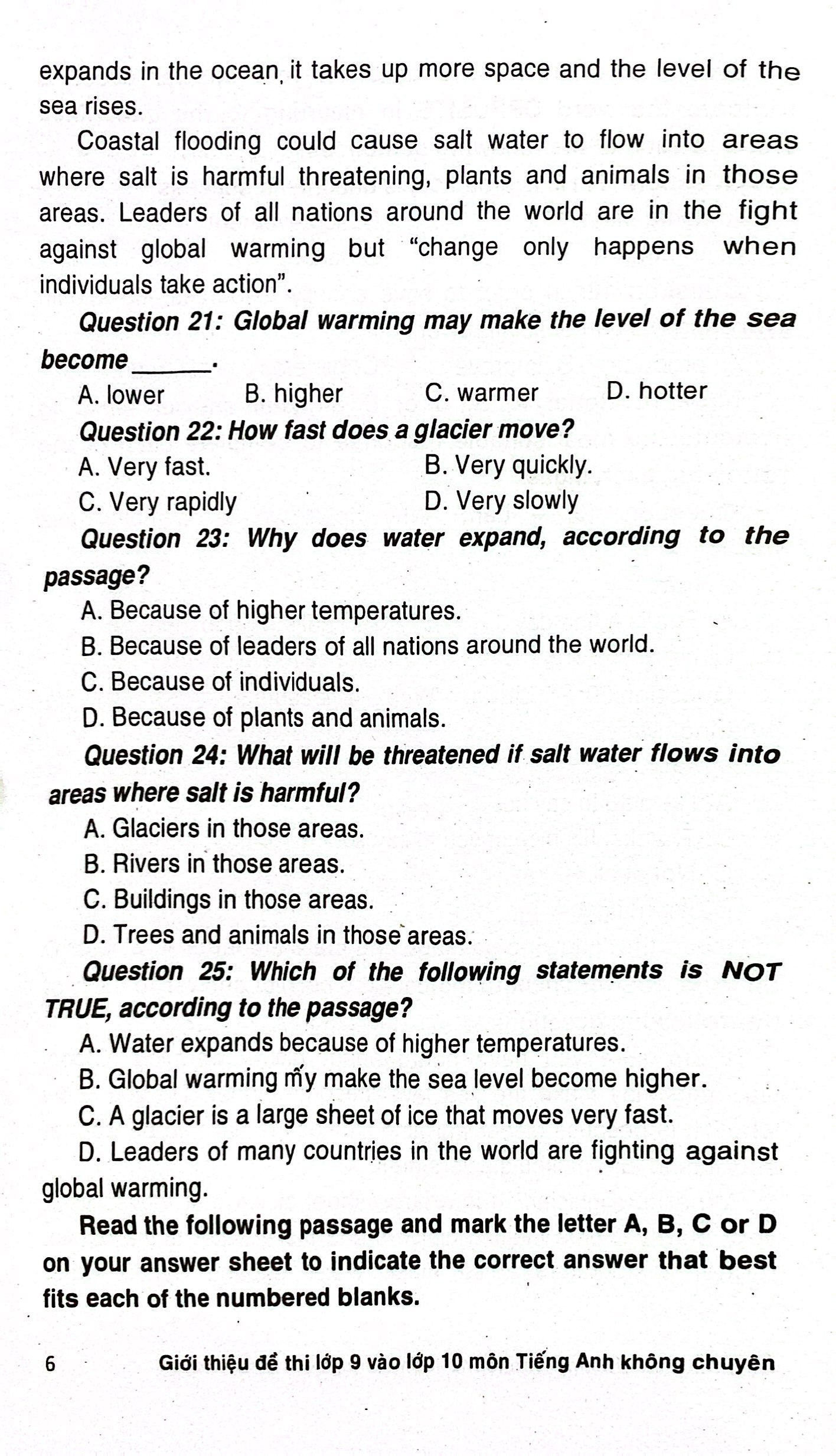giới thiệu đề thi lớp 9 vào lớp 10 môn tiếng anh không chuyên