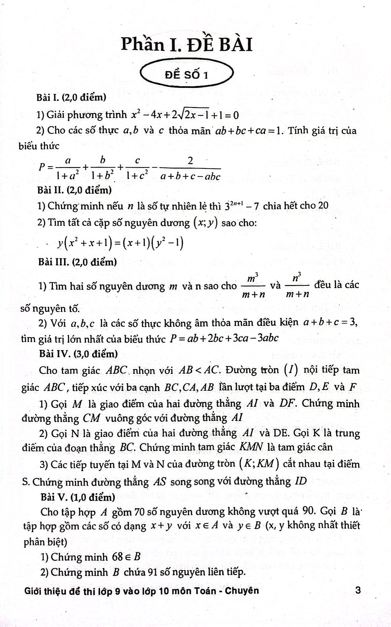 giới thiệu đề thi lớp 9 vào lớp 10 môn toán chuyên