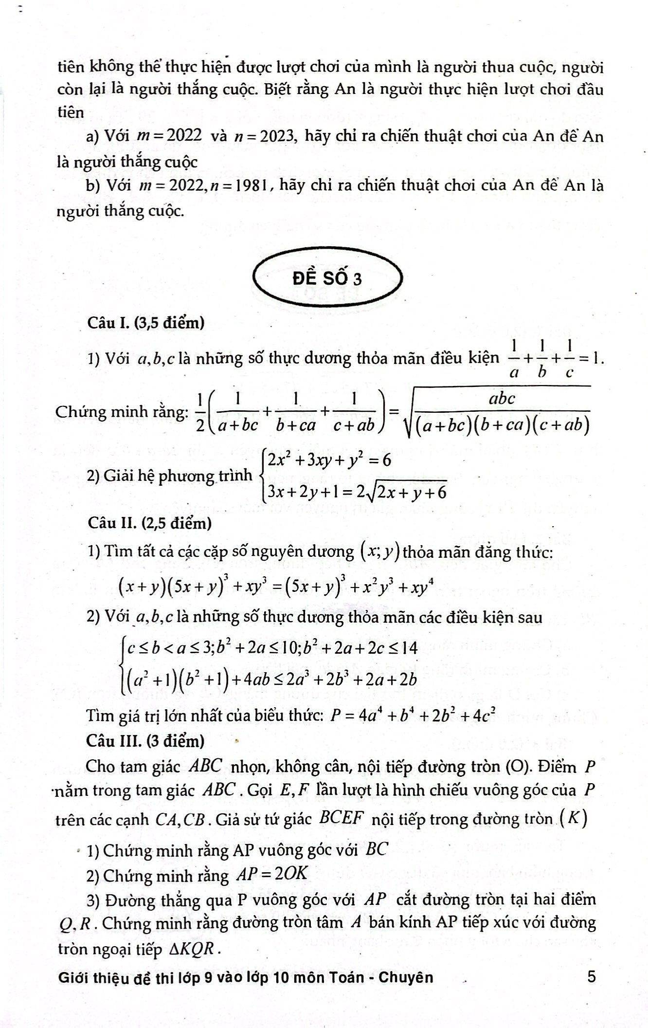 giới thiệu đề thi lớp 9 vào lớp 10 môn toán chuyên