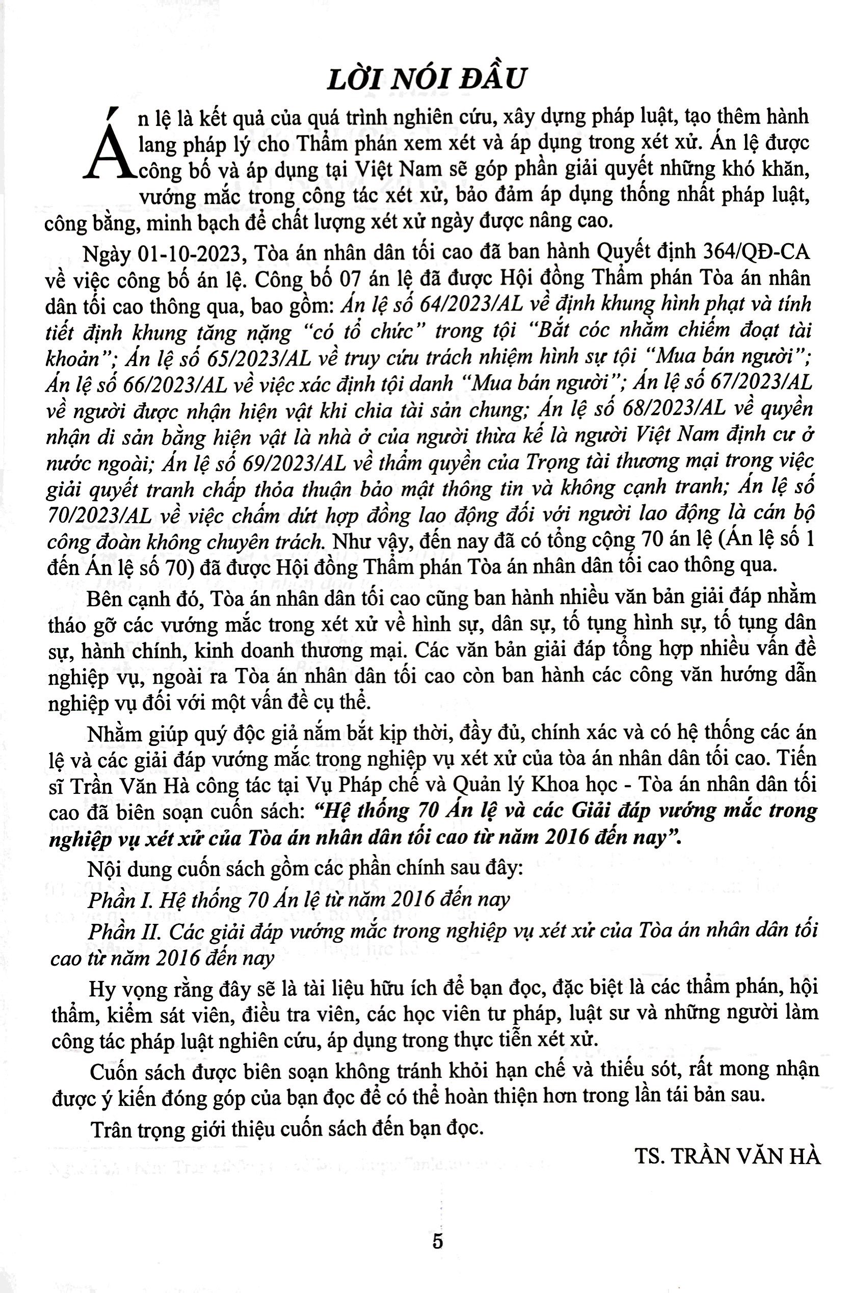 hệ thống 70 án lệ và các giải đáp vướng mắc trong nghiệp vụ xét xử của tòa án nhân dân tối cao từ năm 2016 đến nay