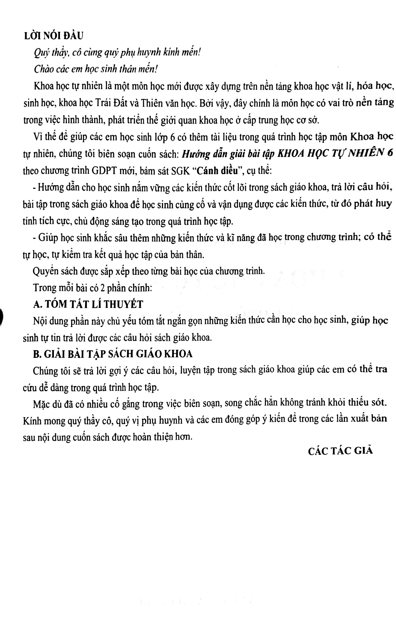 hướng dẫn giải bài tập khoa học tự nhiên 6 (theo bộ sách cánh diều)