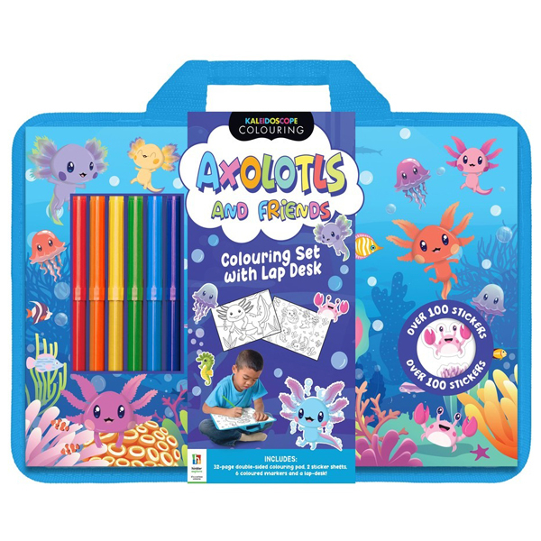 kaleidoscope colouring - axolotls and friends - colouring set with lapdesk