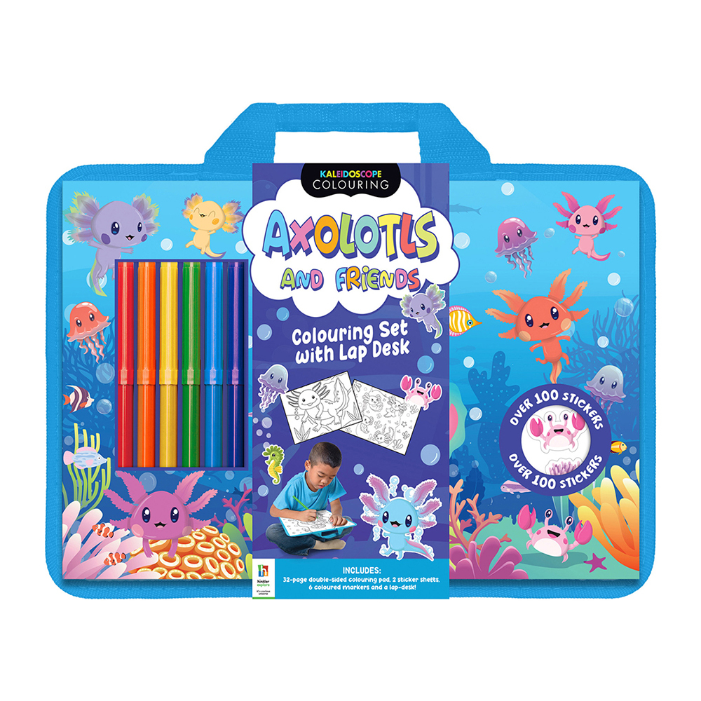 kaleidoscope colouring - axolotls and friends - colouring set with lapdesk