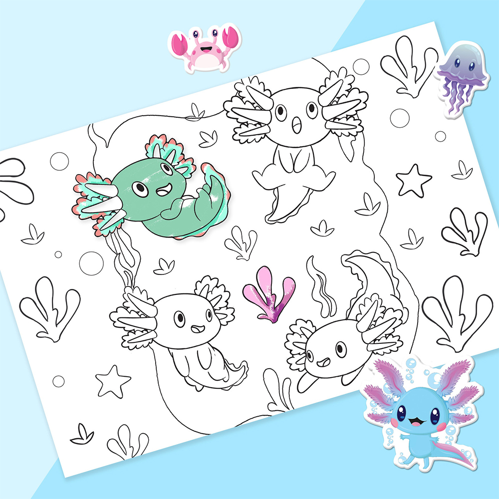 kaleidoscope colouring - axolotls and friends - colouring set with lapdesk