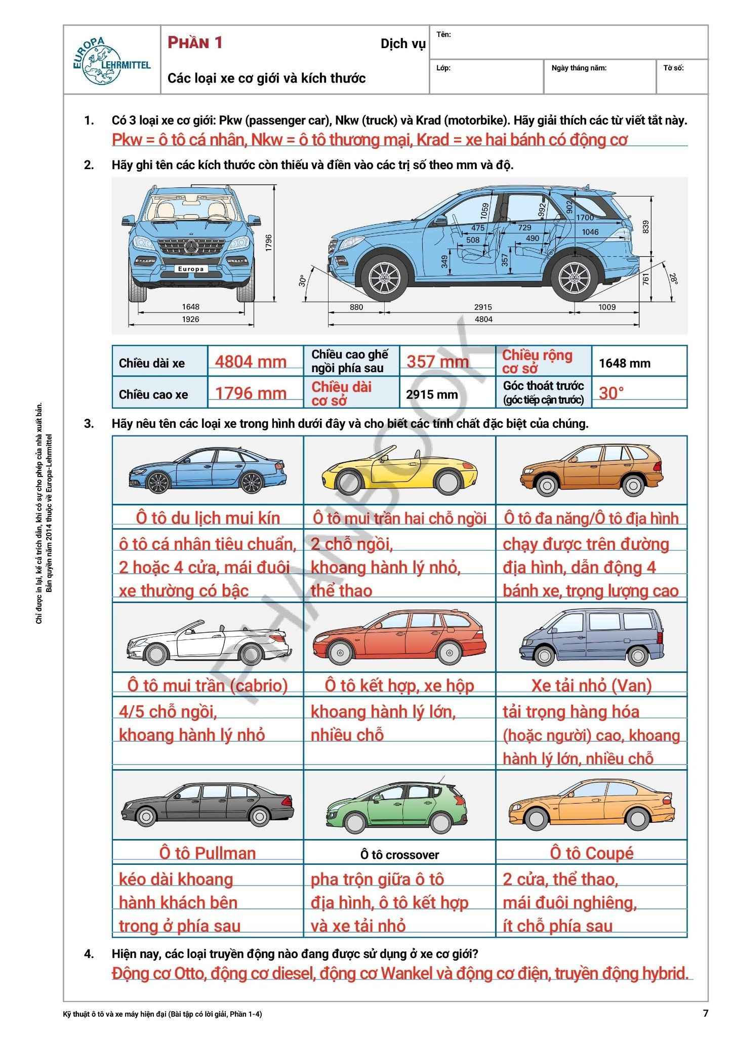 kỹ thuật ô tô và xe máy hiện đại - bài tập có lời giải